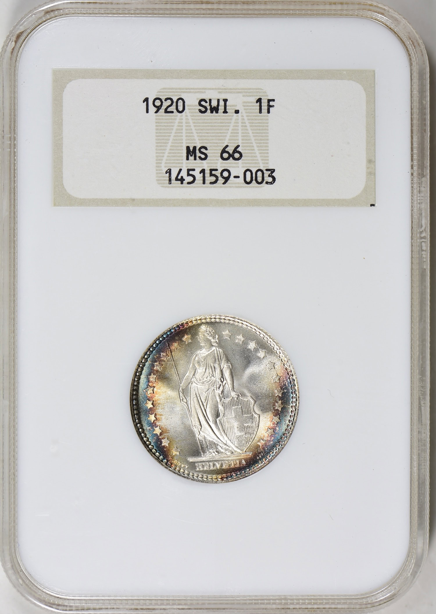 Switzerland 1920-B Silver Franc KM-24 NGC MS-66 OH (Toned) (Item