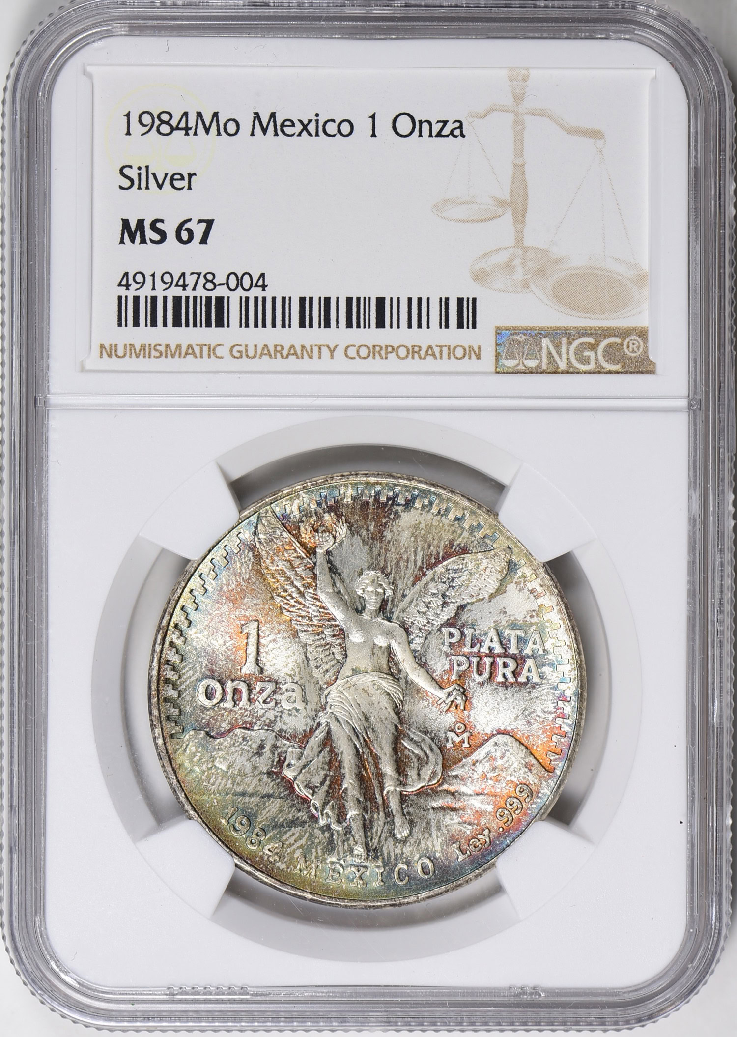 Mexico 1984-Mo Silver 1 Onza Libertad NGC MS-67 (Toned) (Item