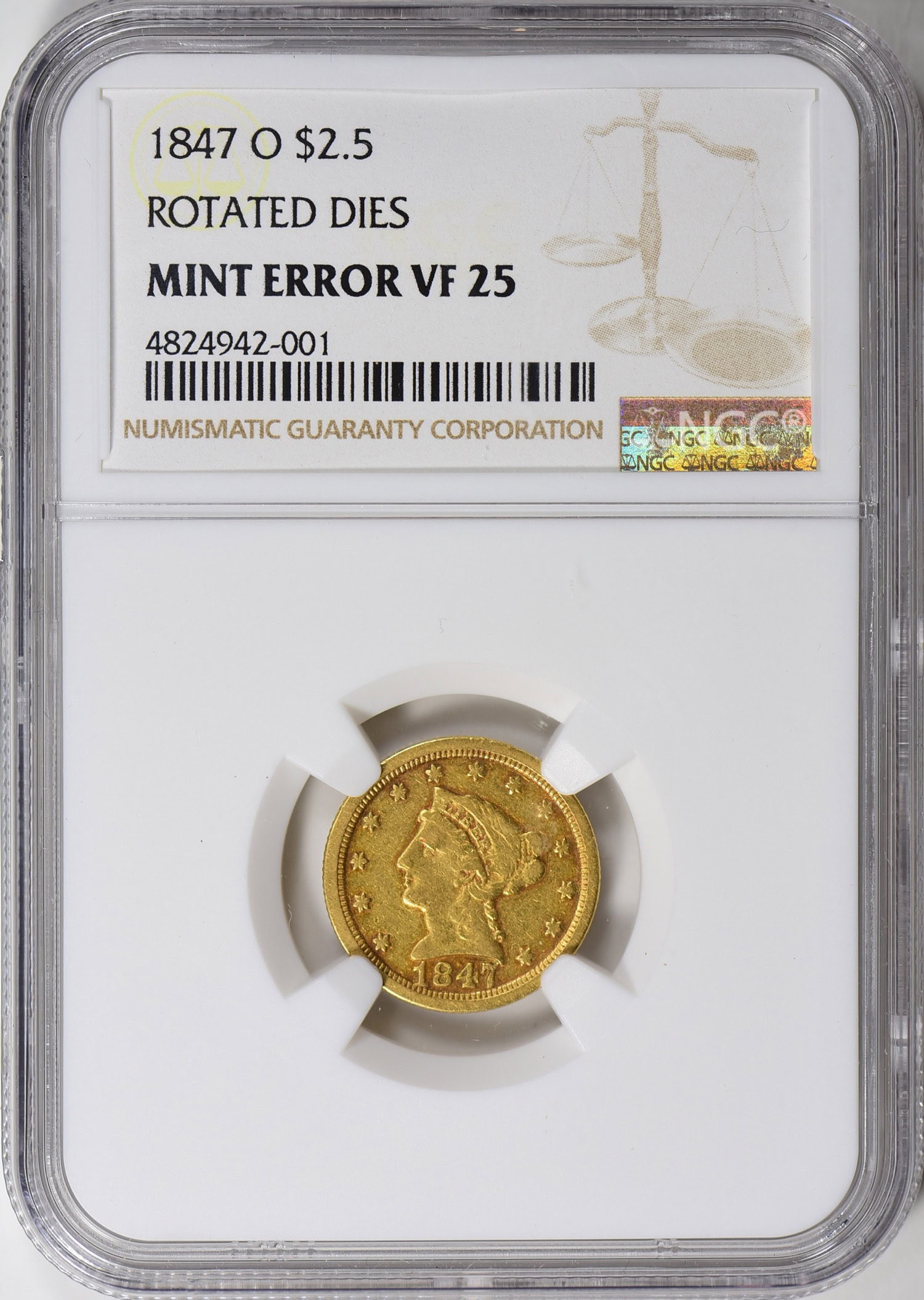 Mint Error 1847-O Liberty Gold Quarter Eagle Rotated Dies NGC VF