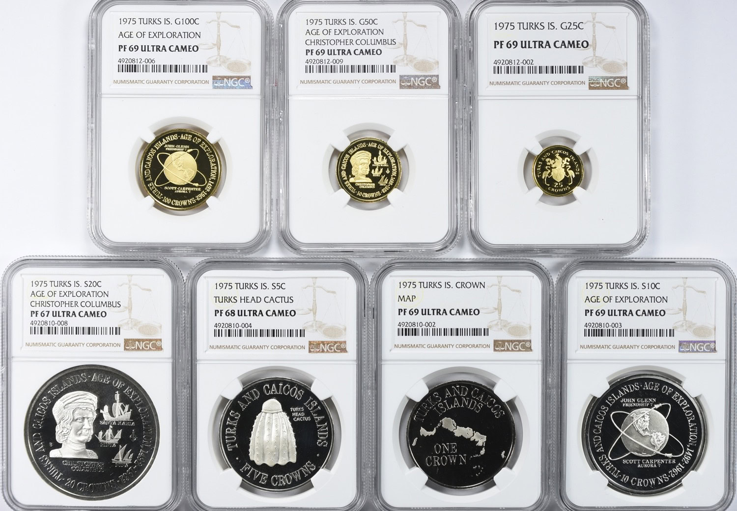 Turks & Caicos Islands 1975 Gold 25, 50, and 100 Crowns, Silver 5
