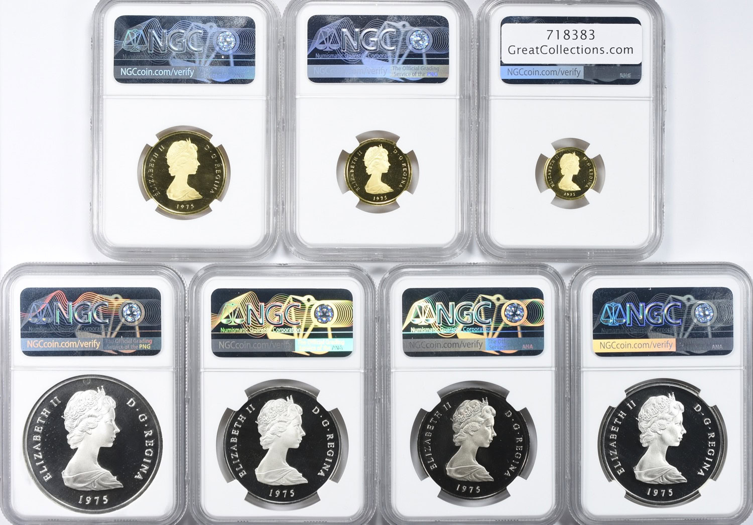 Turks & Caicos Islands 1975 Gold 25, 50, and 100 Crowns, Silver 5