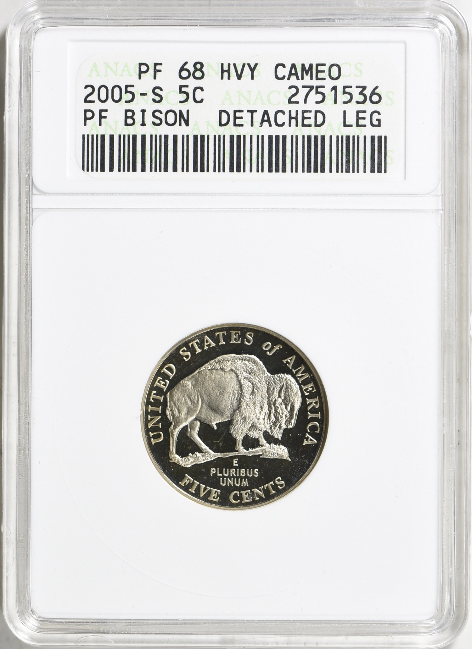 WILDLIFE PROTECTIONシリーズ　コンゴ共和国 フラン 2005年 2005-S Jefferson Nickel American Bison Detached Leg ANACS Proof-68