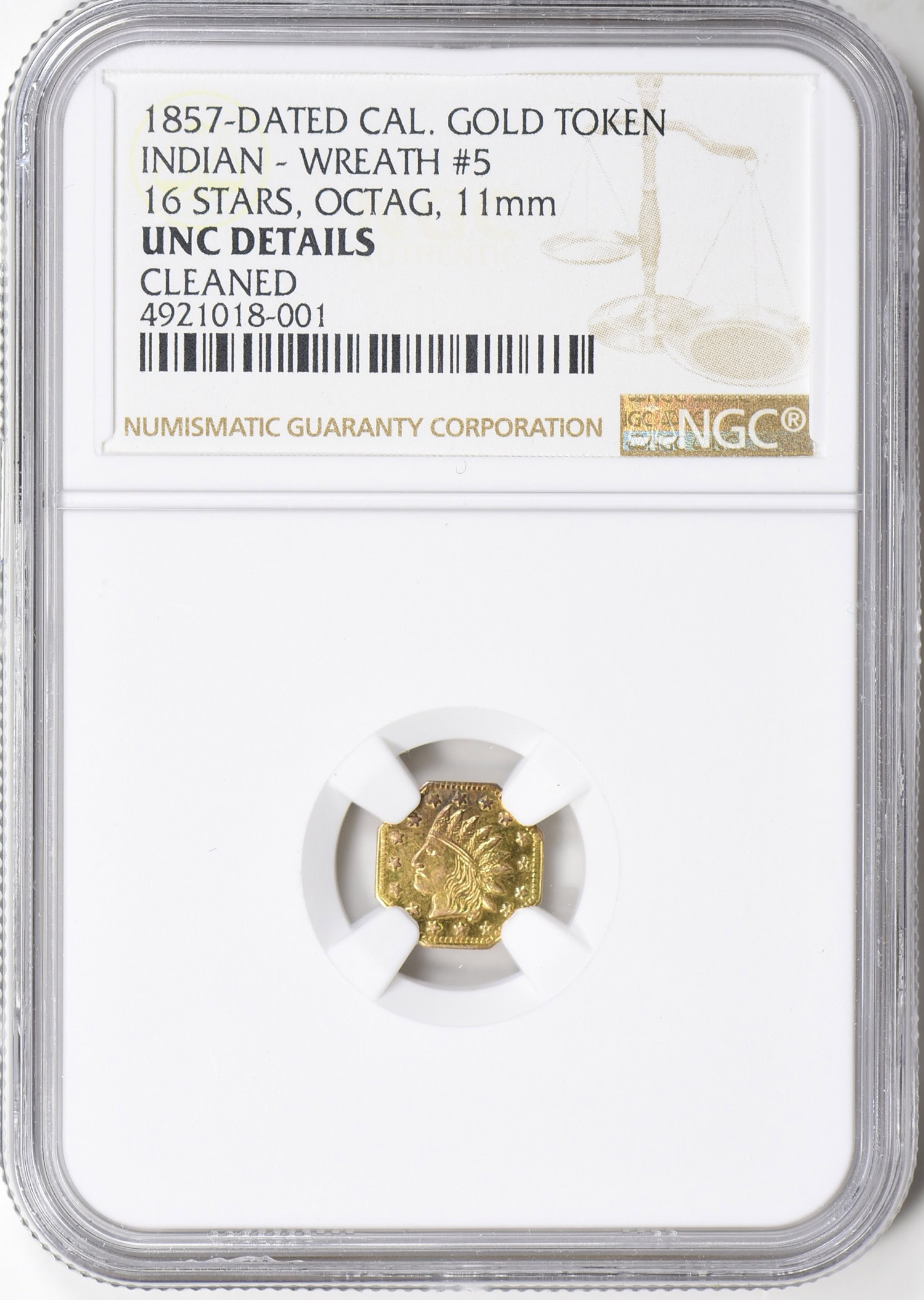 1857-Dated California Gold Token Indian - Wreath #5 16 Stars