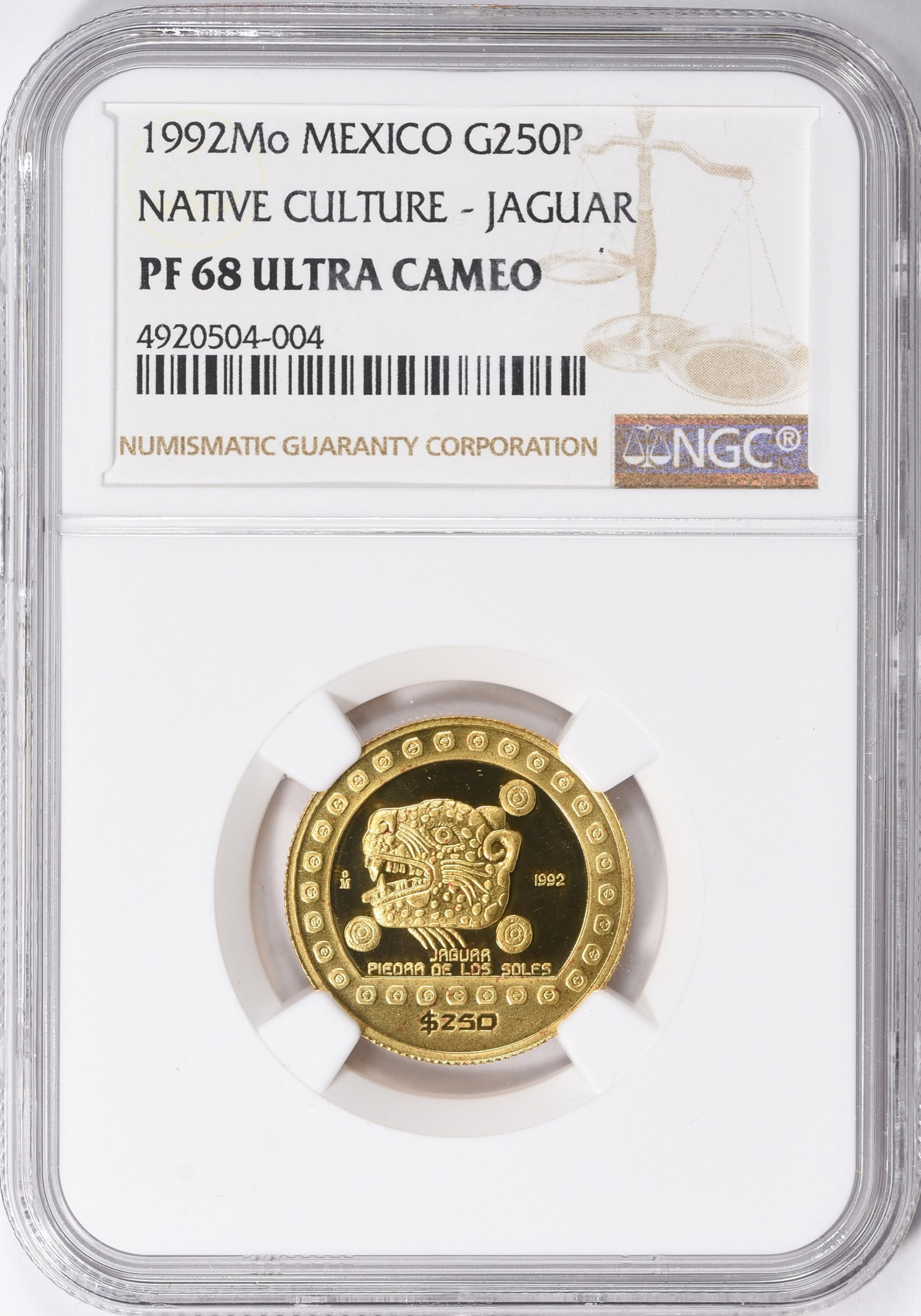 Mexico 1992-Mo Gold 250 Pesos Native Culture Jaguar KM-558 NGC