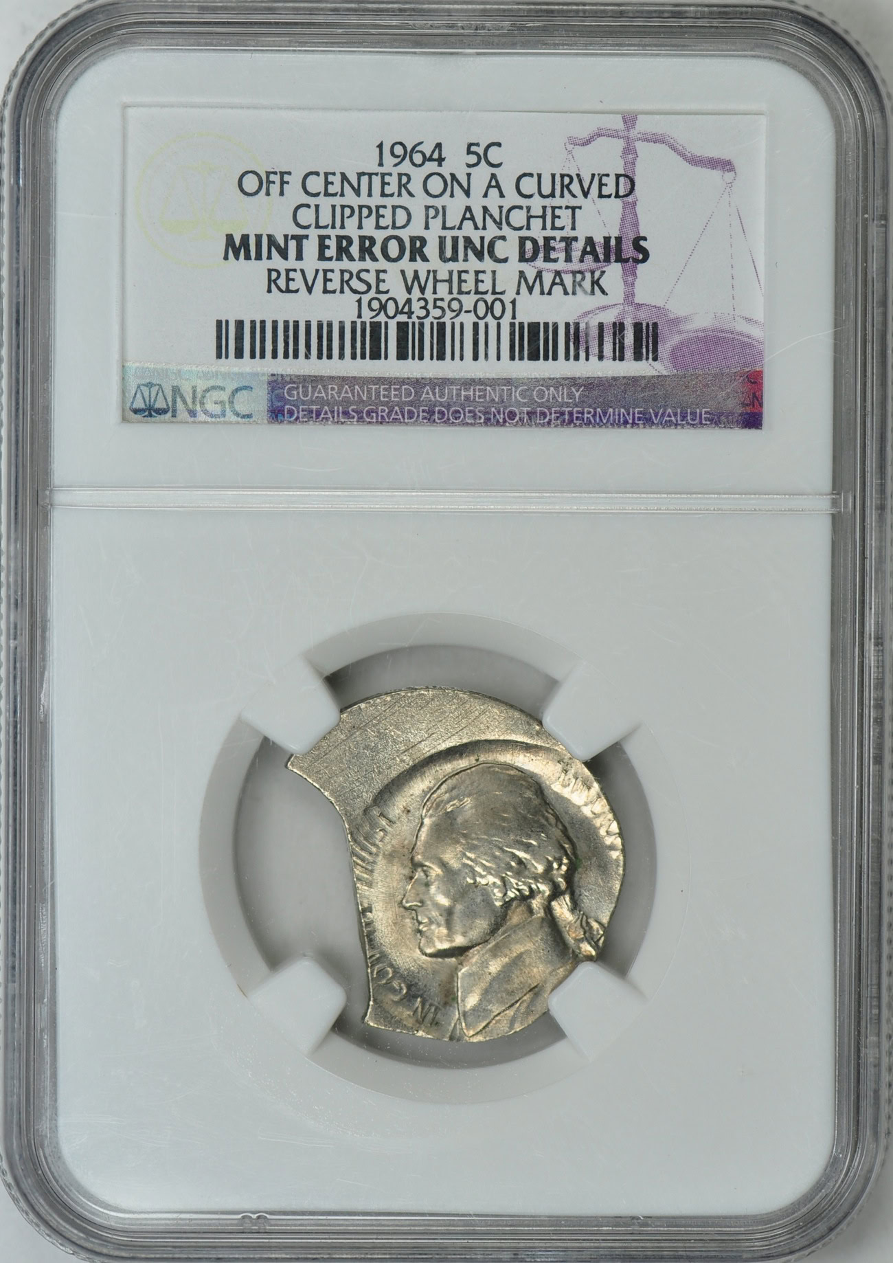 Mint Error 1964 Jefferson Nickel Off Center On A Curved Clipped