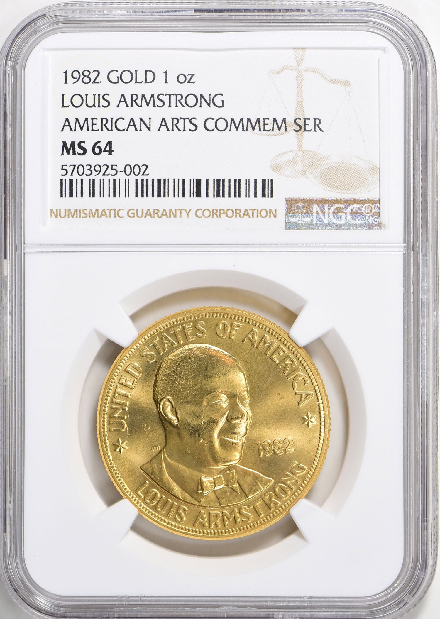 1982 Gold 1 oz. Louis Armstrong American Arts Commemorative Series