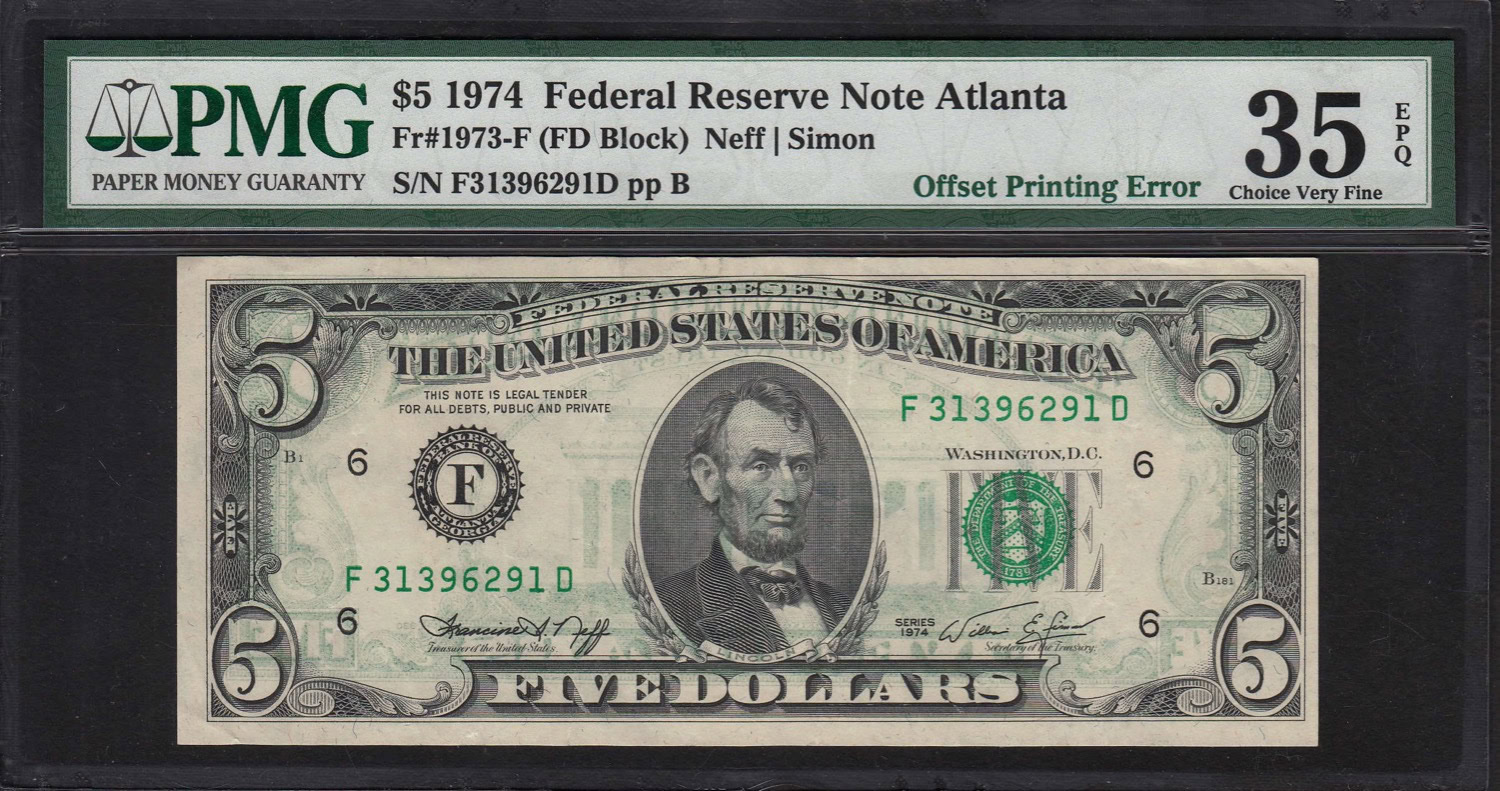 Fd Block Fr. 1973-F (FD Block) 1974 $5 Atlanta Federal Reserve Error Note Offset ...