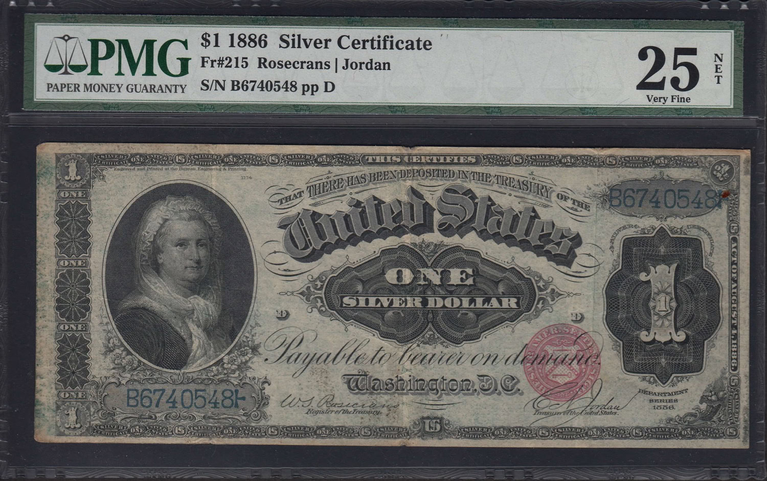 Fr. 215 1886 $1 Silver Certificate Note Rosecrans / Jordan PMG