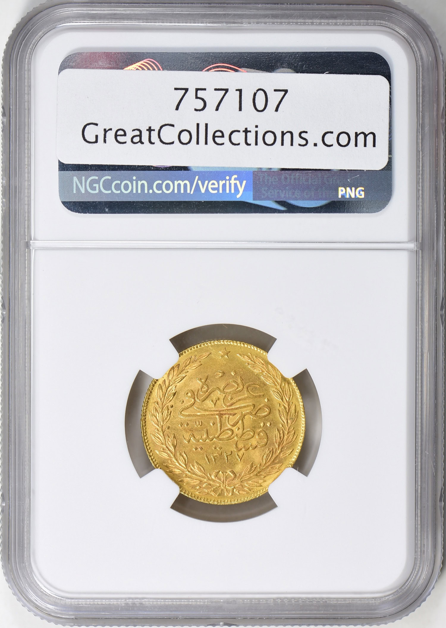Turkey AH 1327 Year 2 (1910) Gold 100 Kurush KM-754 NGC MS-64 (AGW