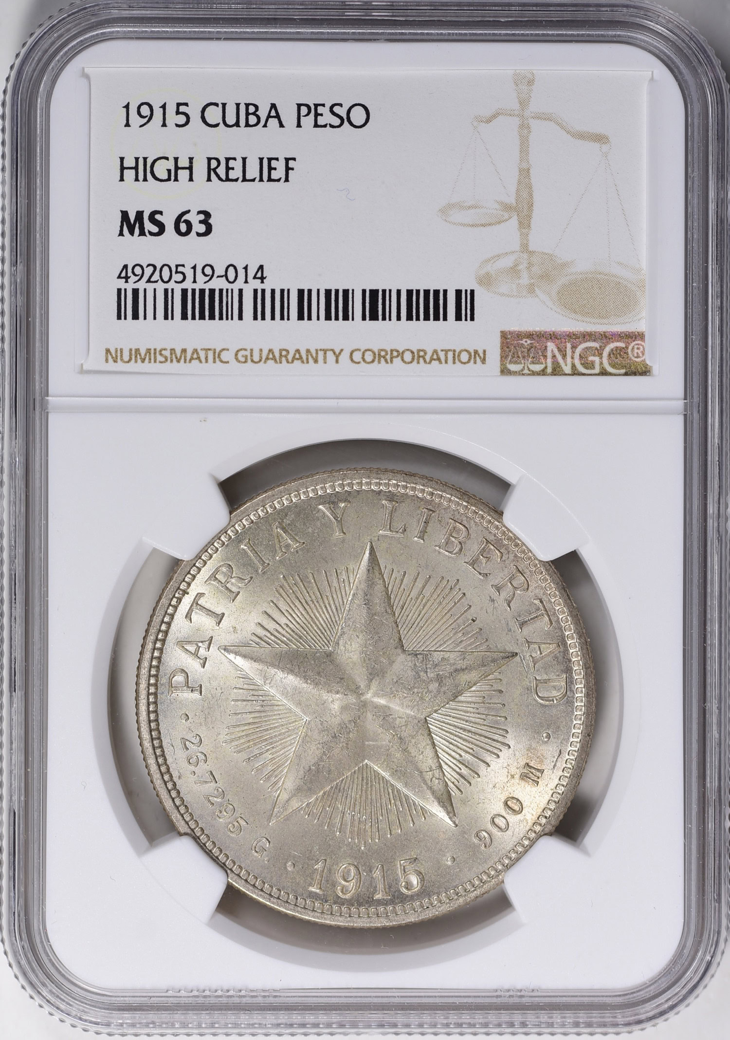 Cuba 1915 Silver Peso High Relief KM-15.1 NGC MS-63 (Item 761680