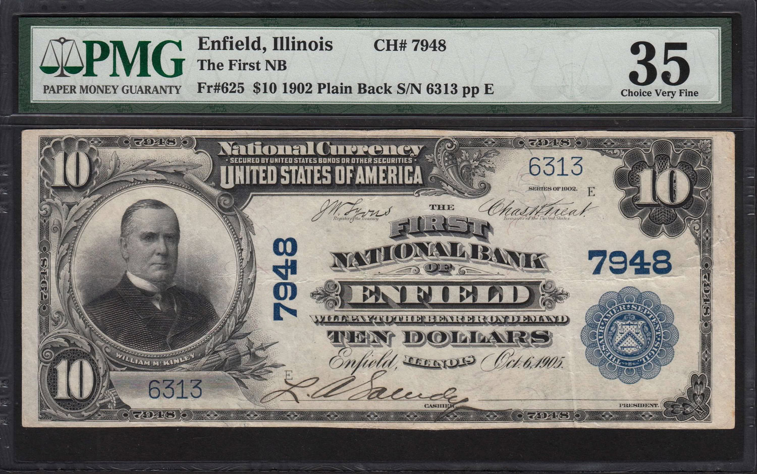Fr. 625 Enfield, Illinois 1902 The First National Bank $10 Plain Back ...