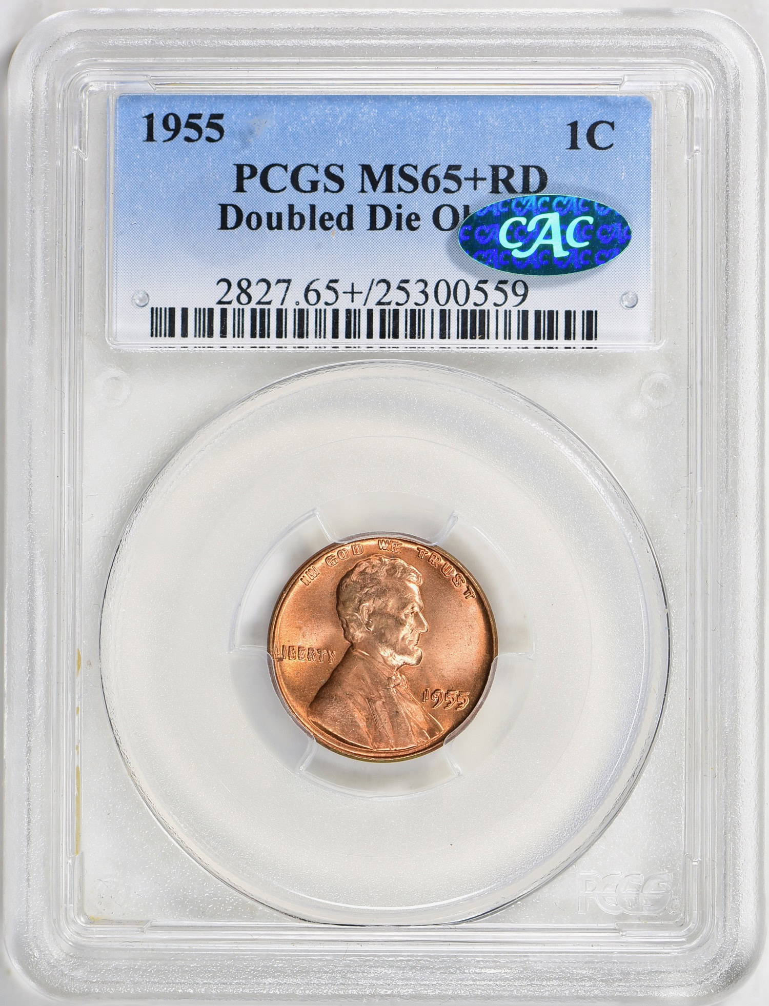 1955 Lincoln Cent Doubled Die Obverse PCGS MS-65+ RD (CAC Green