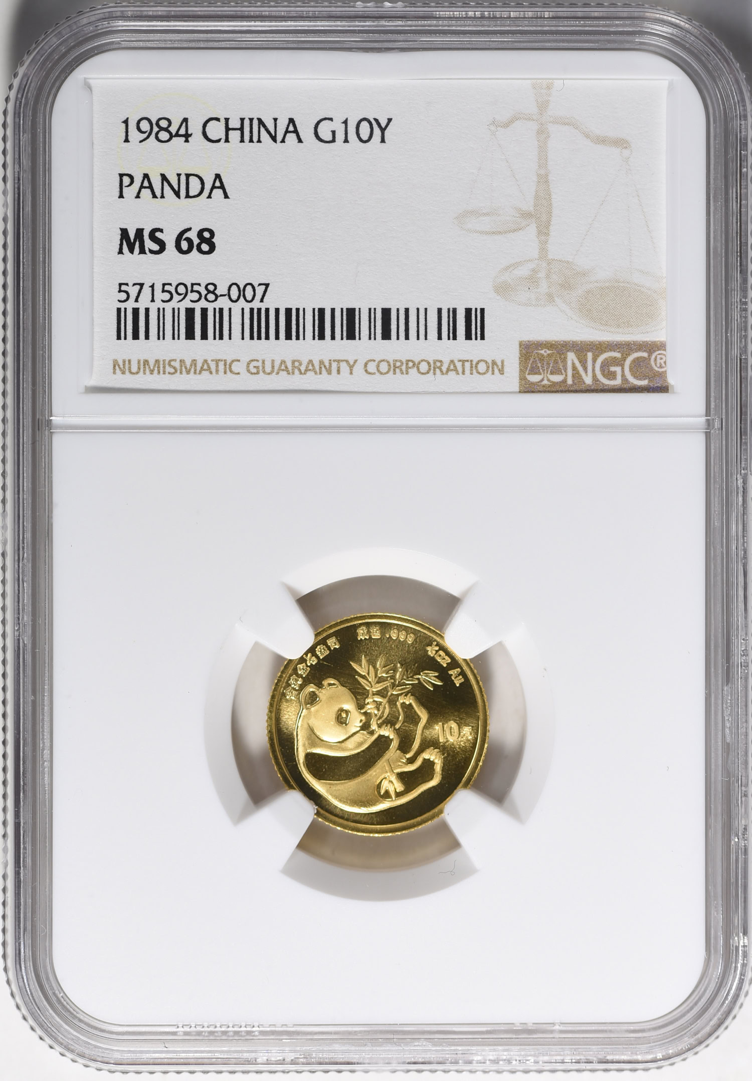 China 1984 Gold 10 Yuan Panda PAN-16A NGC MS-68 (AGW = 0.0999 oz ...
