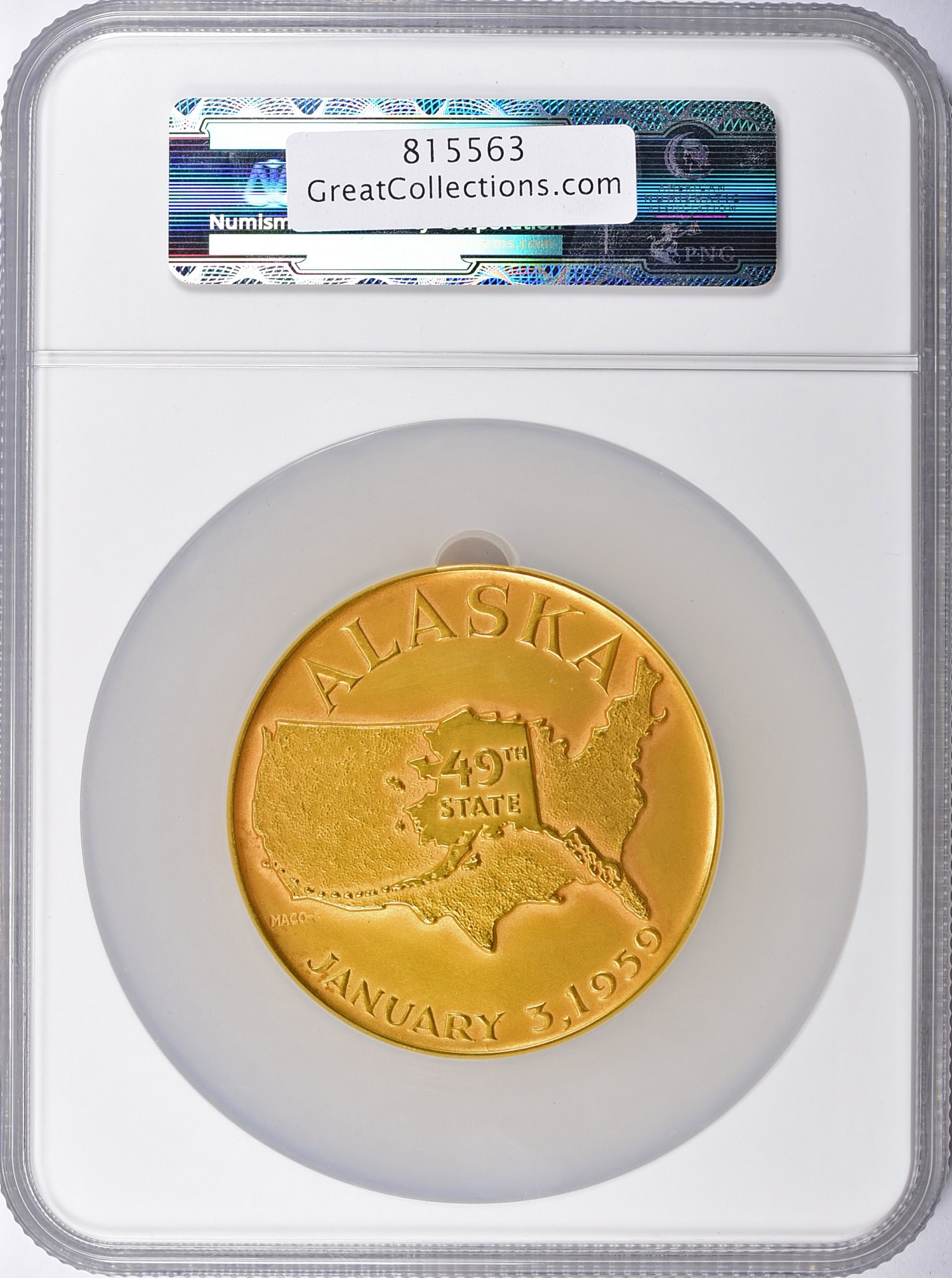 1959 Gold 63.1mm Alaska Statehood Medal Serial #99 on Edge NGC MS
