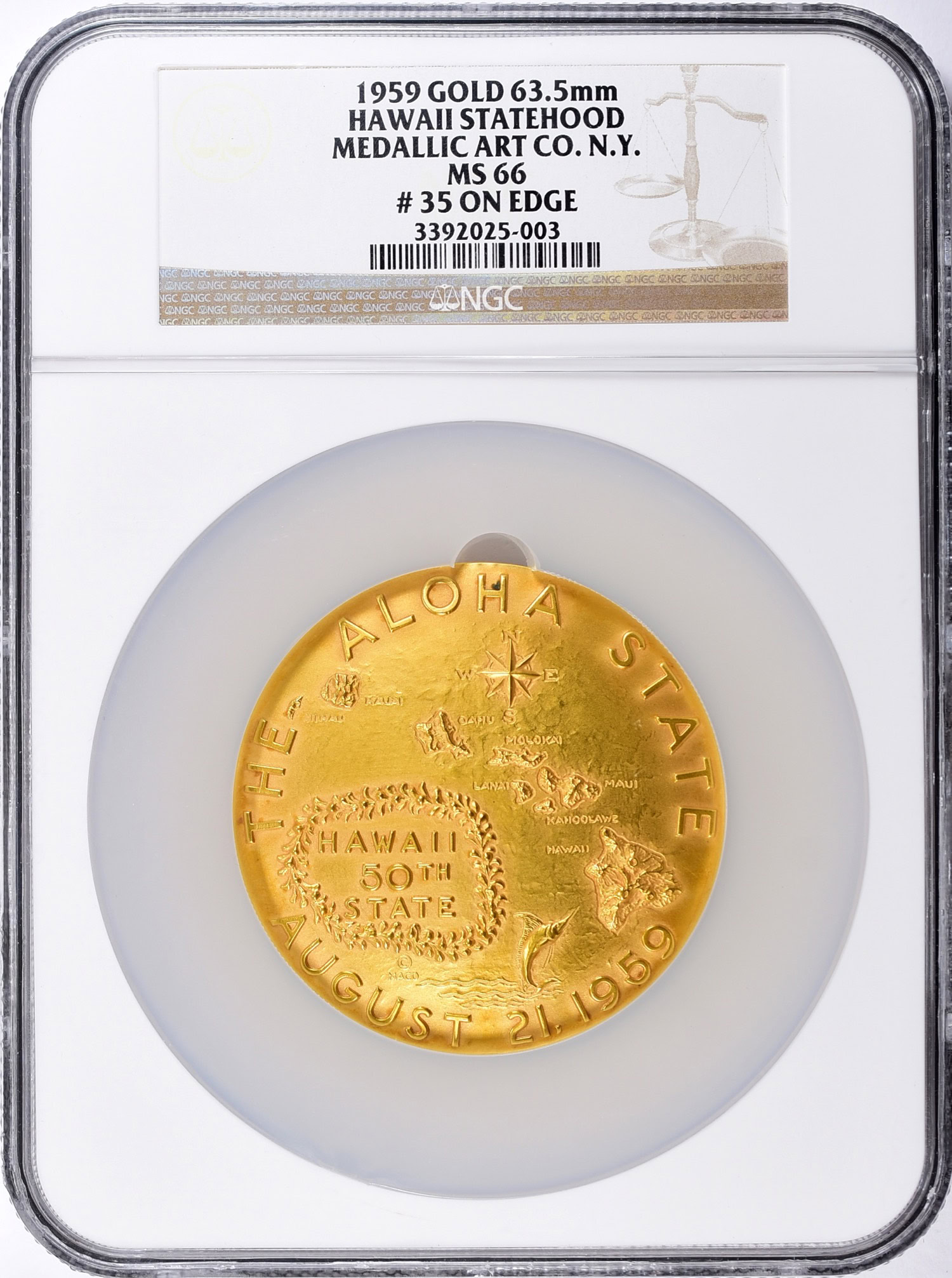1959 Gold 63.5mm Hawaii Statehood Medal Serial #35 on Edge NGC MS
