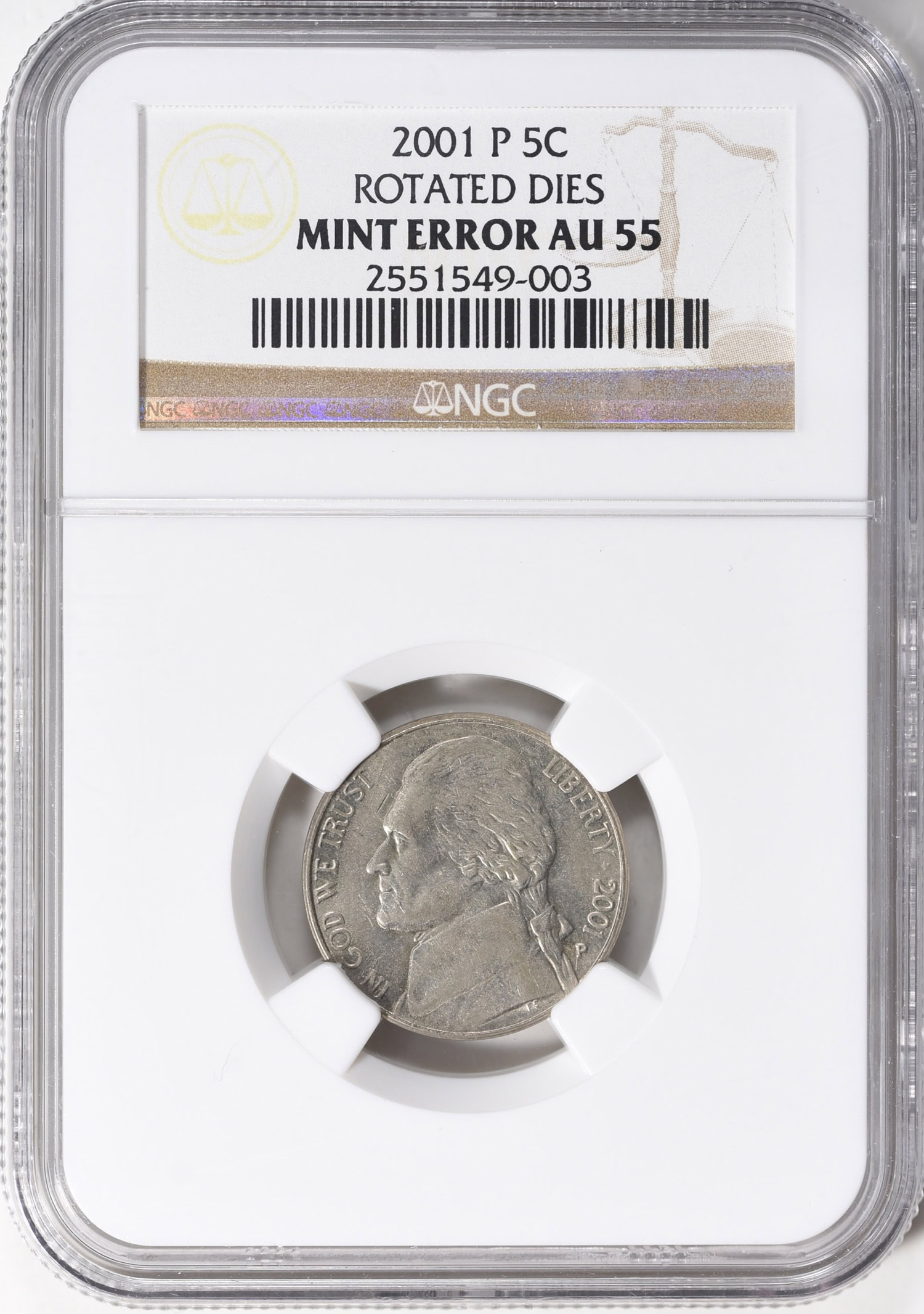 Mint Error 2001-P Jefferson Nickel Rotated Dies NGC AU-55