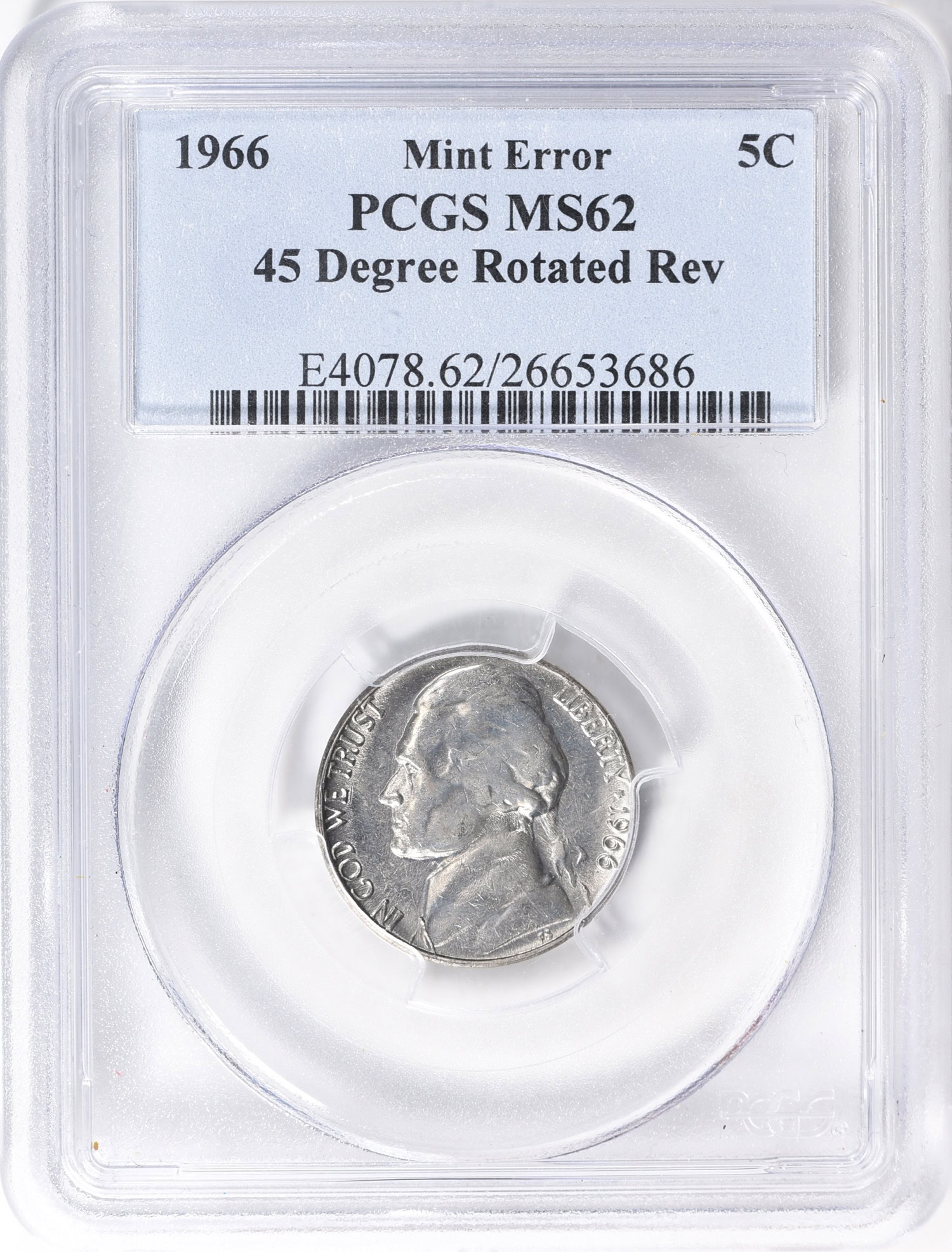 Mint Error 1966 Jefferson Nickel 45 Degree Rotated Reverse PCGS MS
