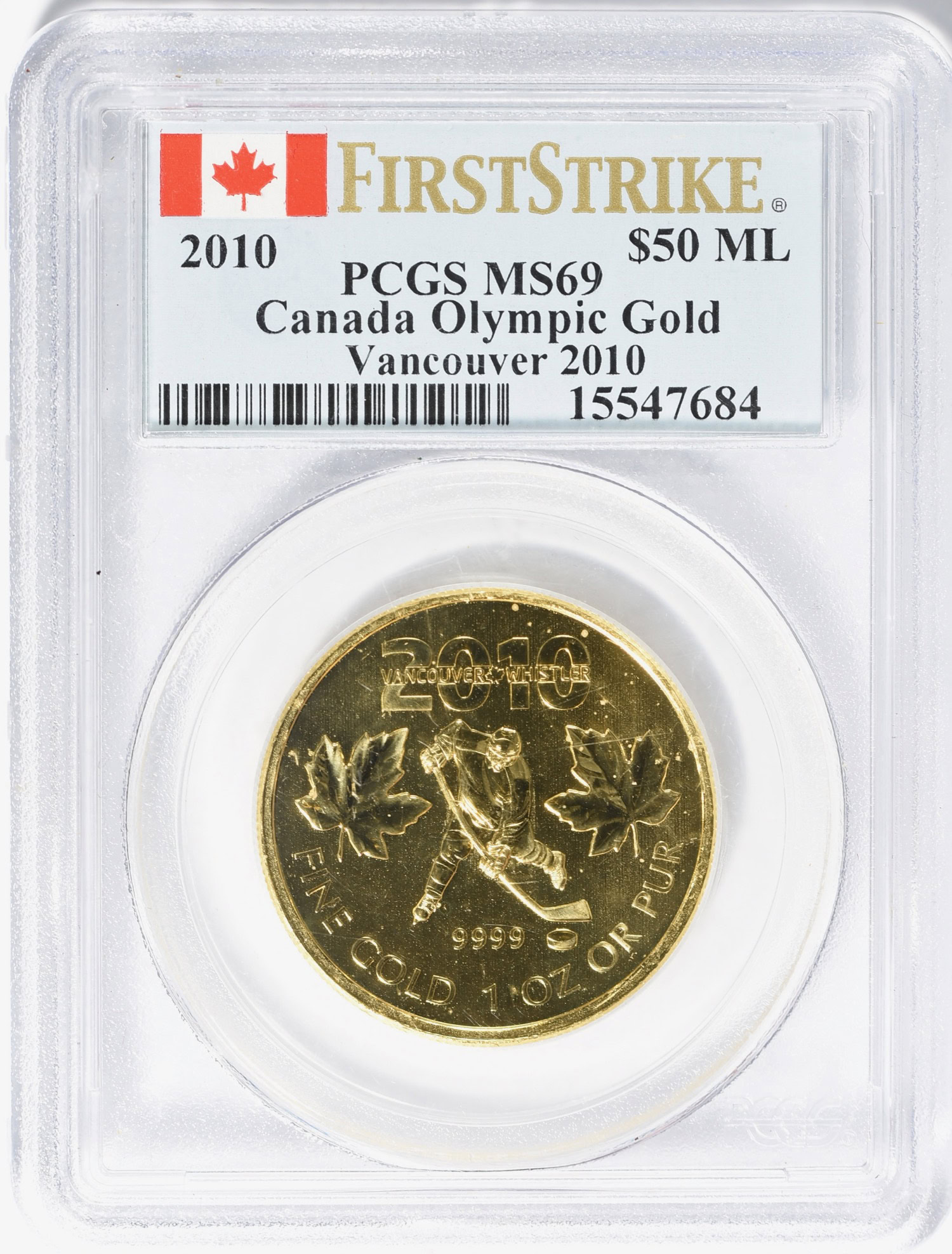 Canada 2010 Gold $50 Maple Leaf Vancouver Olympics First Strike