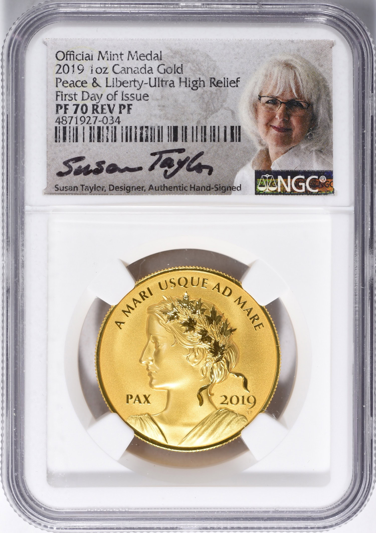 Canada 2019 Gold 1 oz. Official Mint Medal Peace & Liberty - Ultra