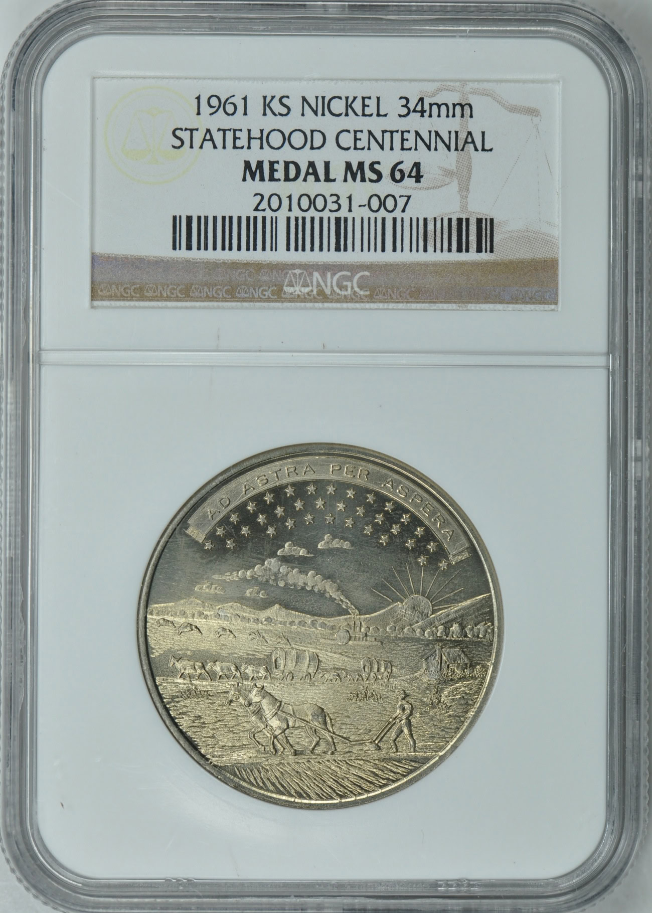 1961 KS Nickel 34mm Statehood Centennial Medal NGC MS-64 | NGC