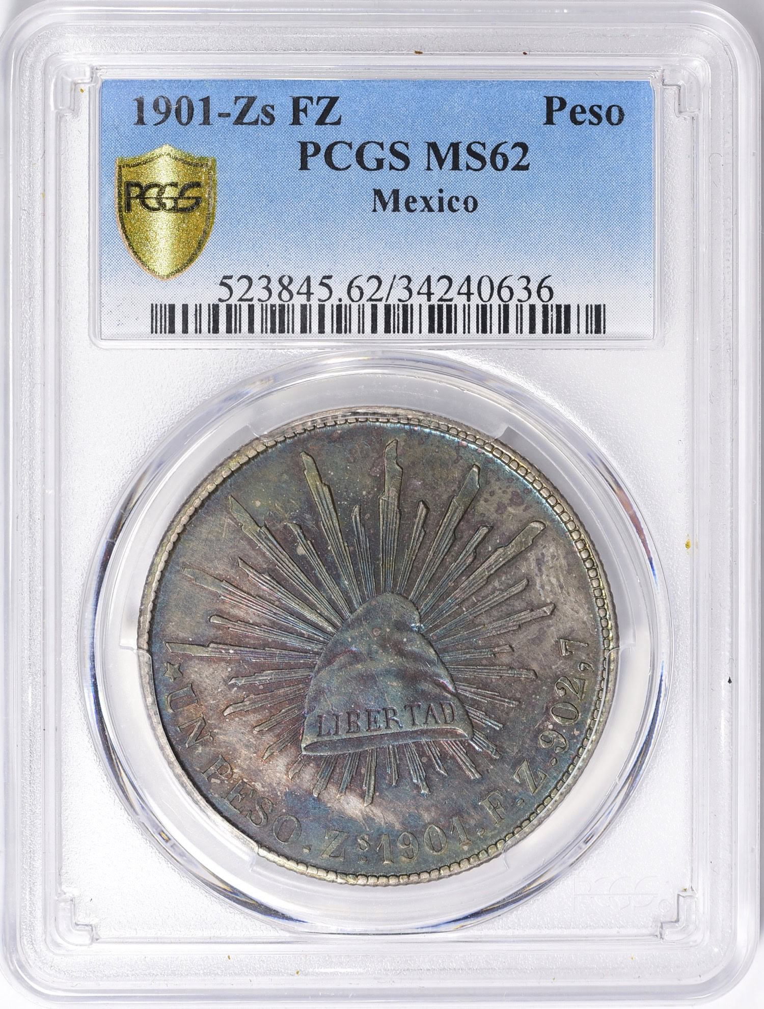 Mexico 1901-Zs FZ Silver Peso KM-409.3 PCGS MS-62 (Toned) (Item