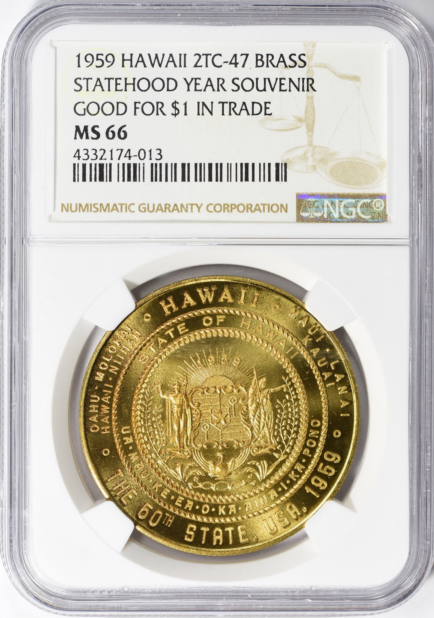 1959 Hawaii Statehood Year Souvenir $1 Trade Token Brass So-Called