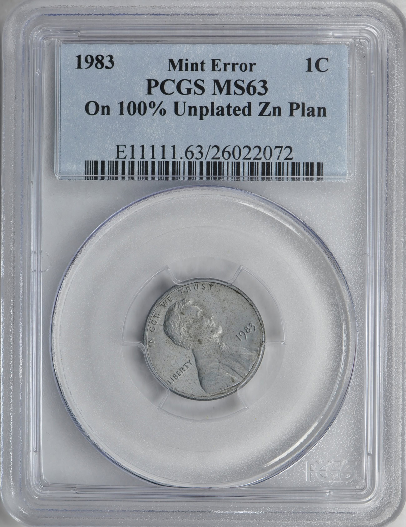Mint Error 1983 Lincoln Cent On 100% Unplated Zinc Planchet PCGS