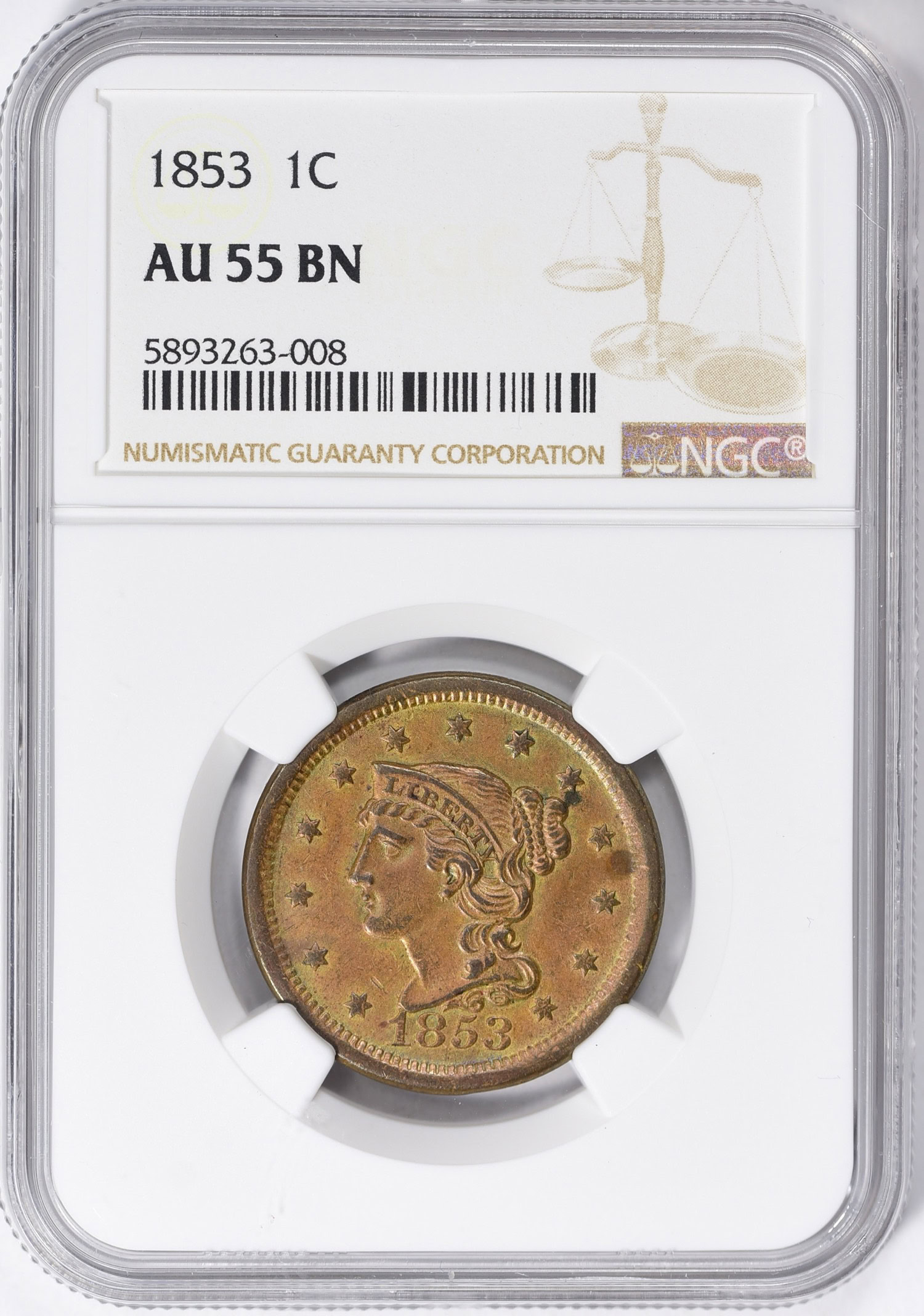 1853 Braided Hair Cent NGC AU-55 BN (Item 864662
