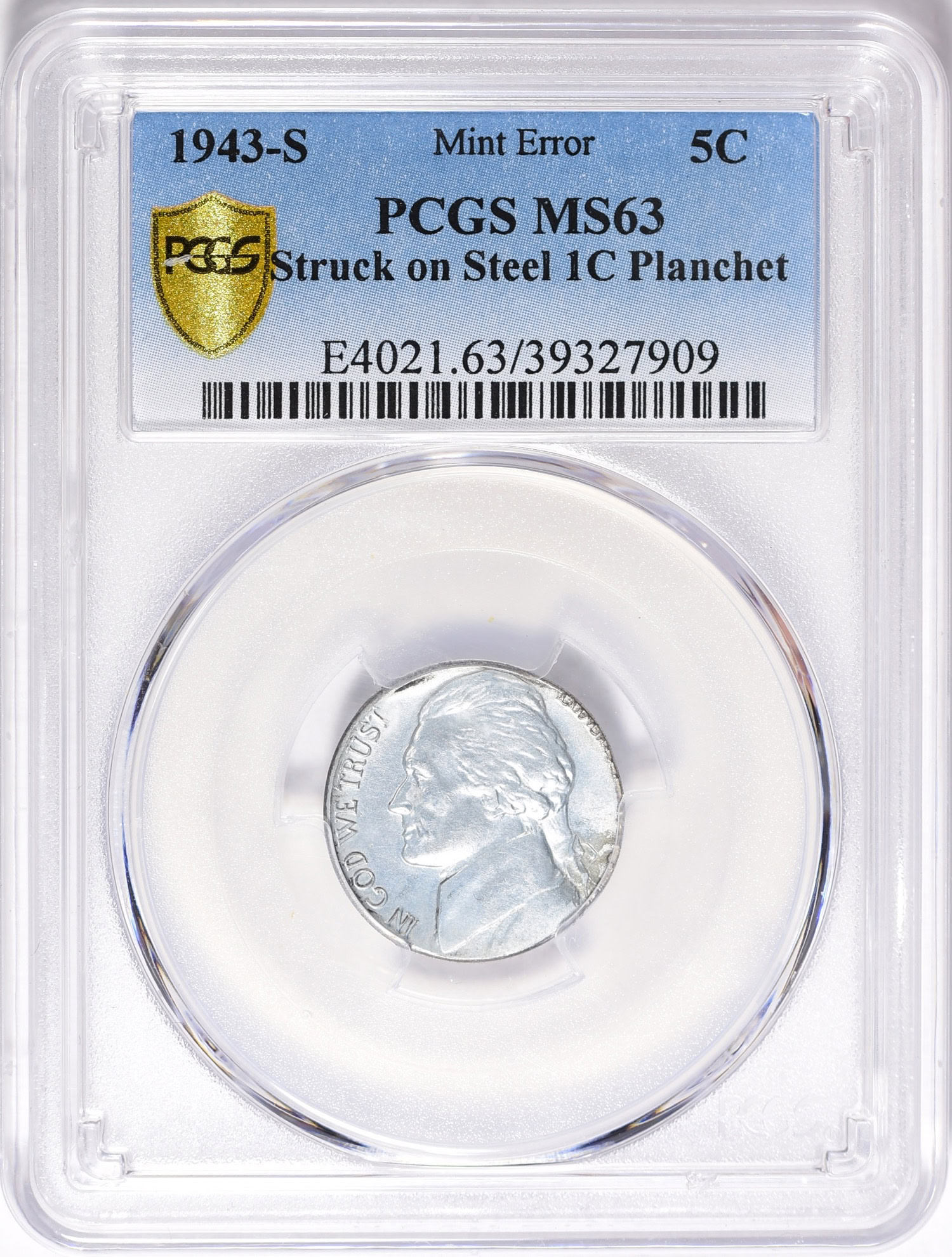 Mint Error 1943-S Jefferson Nickel Struck on Steel 1c Planchet