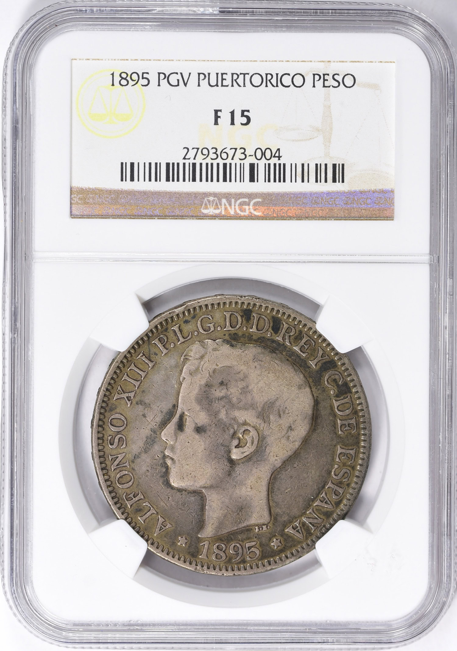 Puerto Rico 1895-PG V Silver Peso KM-24 NGC F-15 | NGC Cert