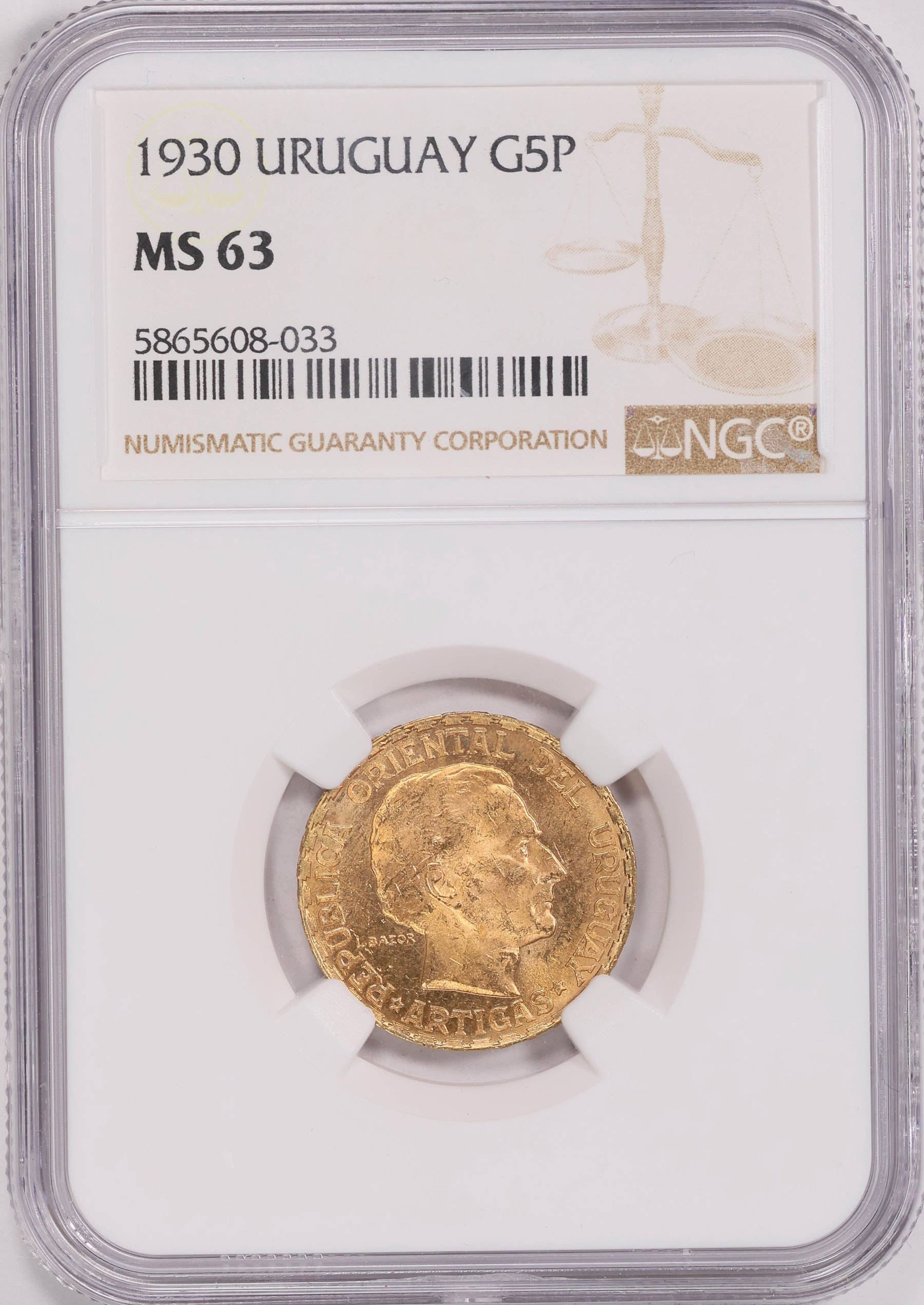 Uruguay 1930 Gold 5 Pesos KM-27 NGC MS-63 (AGW = 0.2501 oz.) | NGC