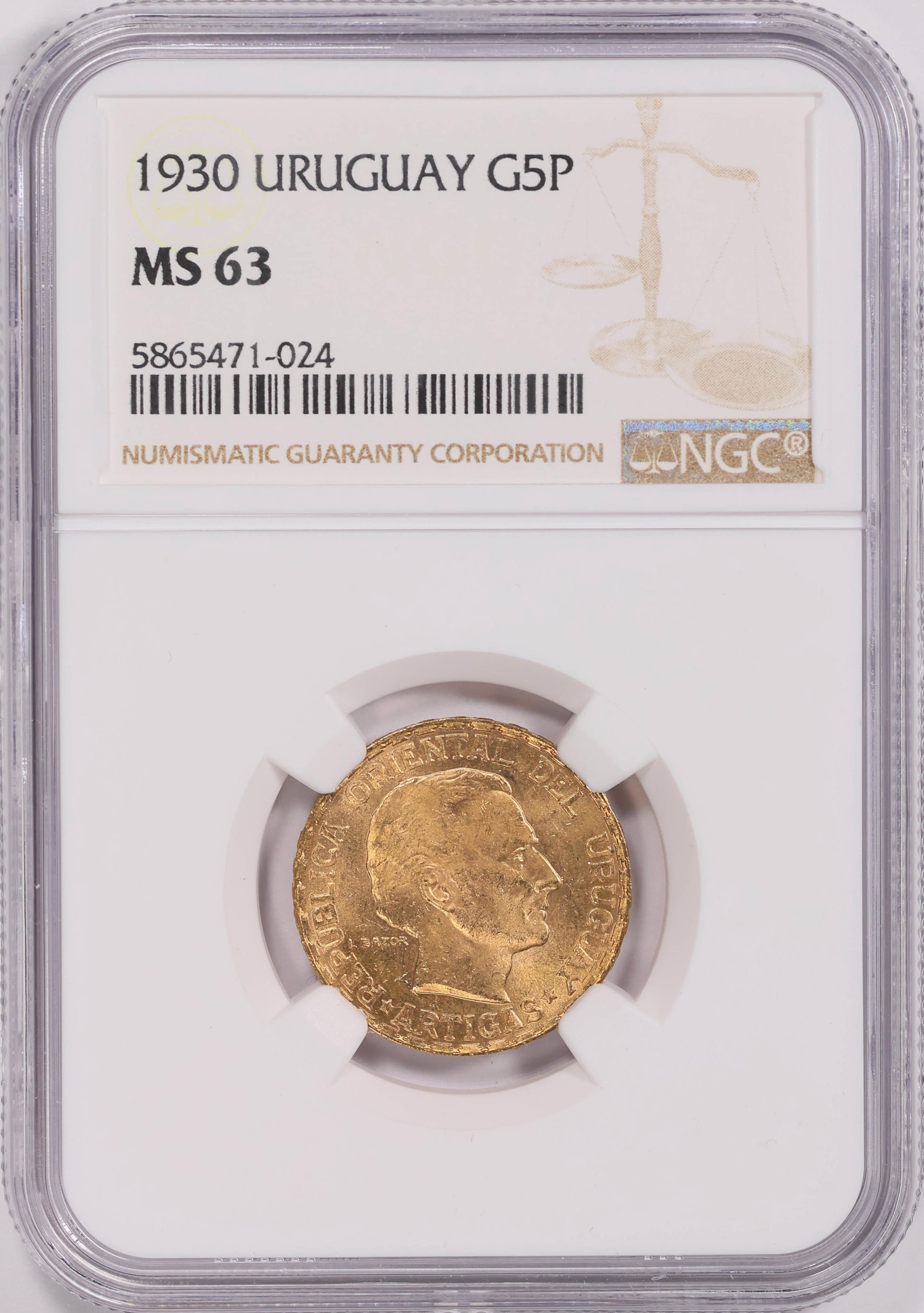 Uruguay 1930 Gold 5 Pesos KM-27 NGC MS-63 (AGW = 0.2501 oz.) | NGC