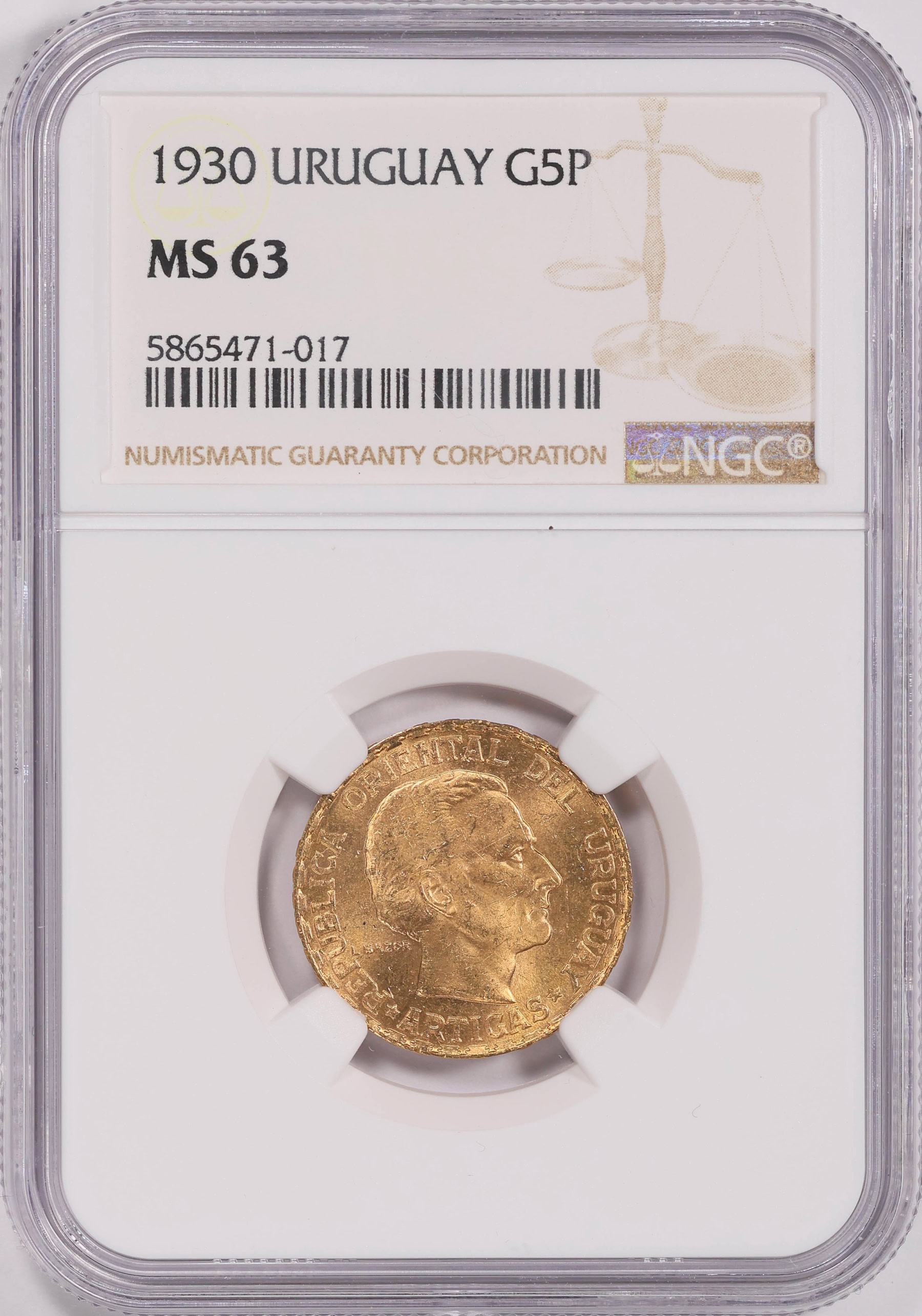 Uruguay 1930 Gold 5 Pesos KM-27 NGC MS-63 (AGW = 0.2501 oz.) | NGC