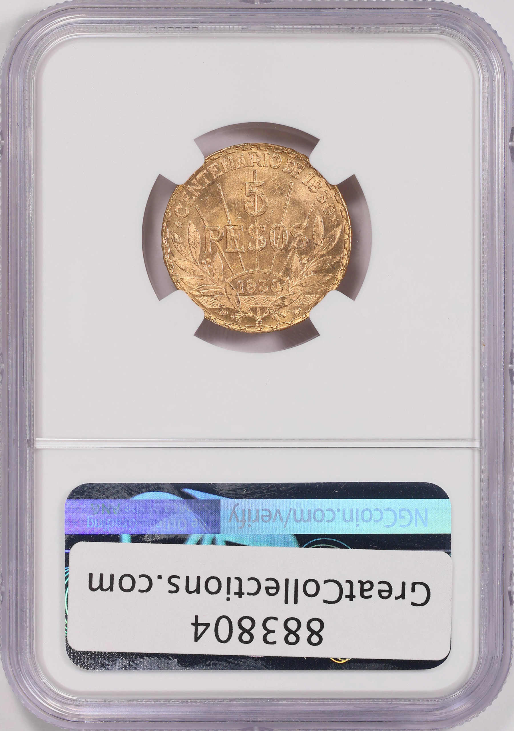 Uruguay 1930 Gold 5 Pesos KM-27 NGC MS-63 (AGW = 0.2501 oz.) | NGC