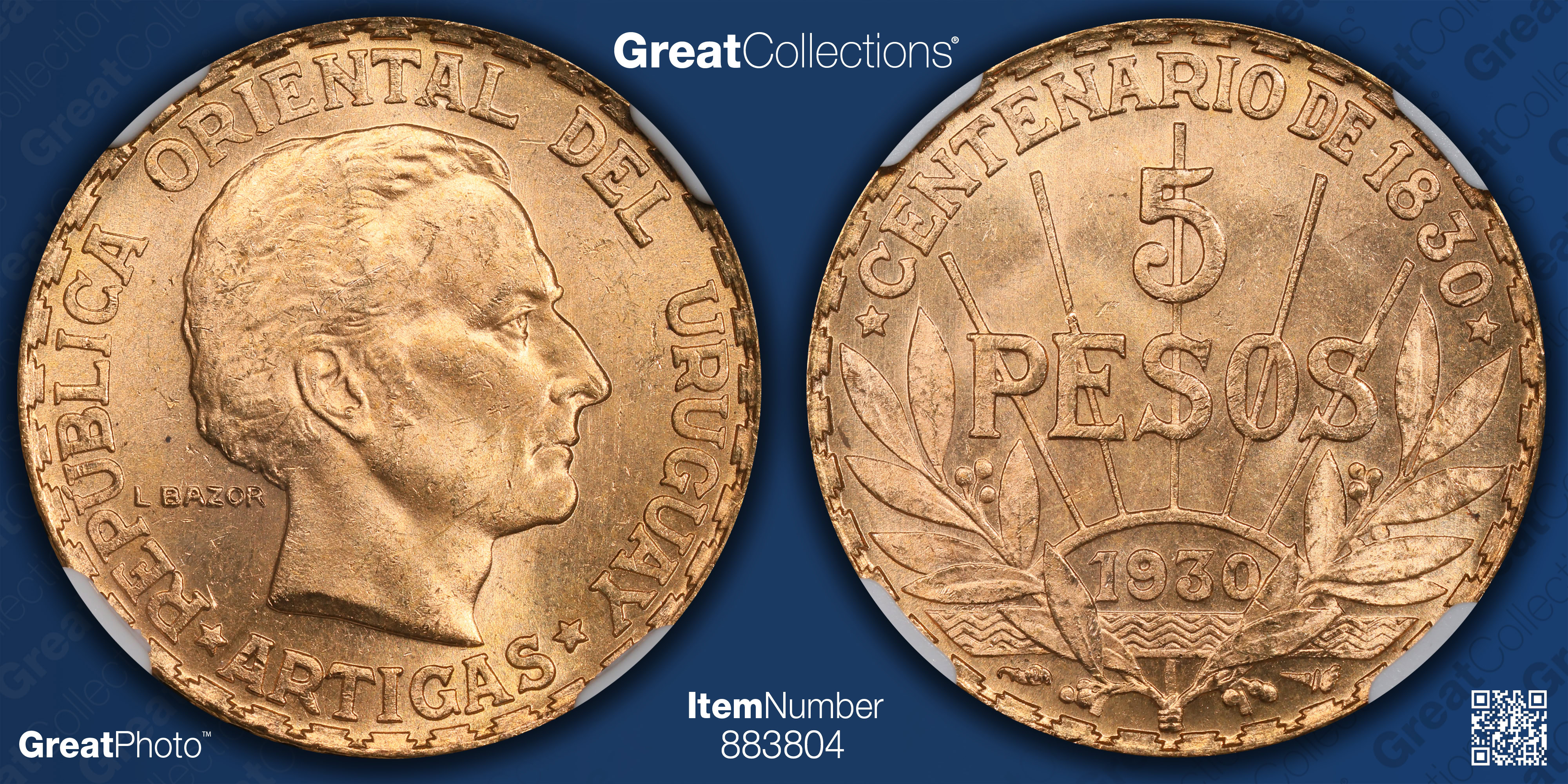 Uruguay 1930 Gold 5 Pesos KM-27 NGC MS-63 (AGW = 0.2501 oz.) | NGC
