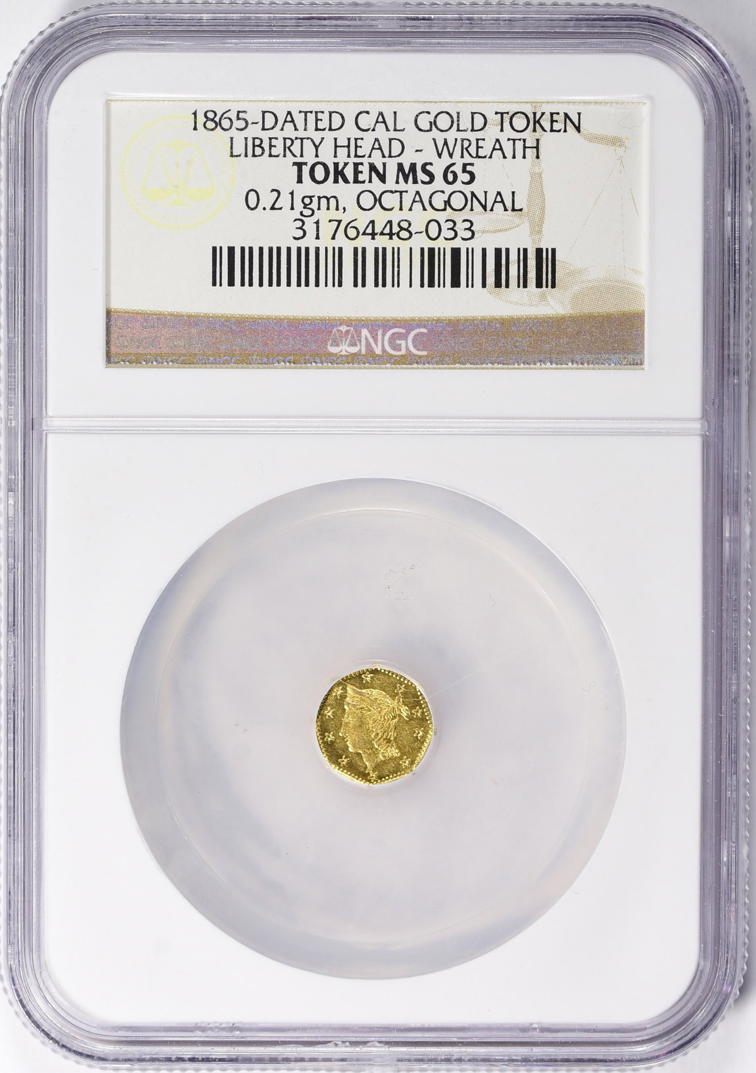1865-Dated California Gold Token Liberty Head Wreath (0.21gm