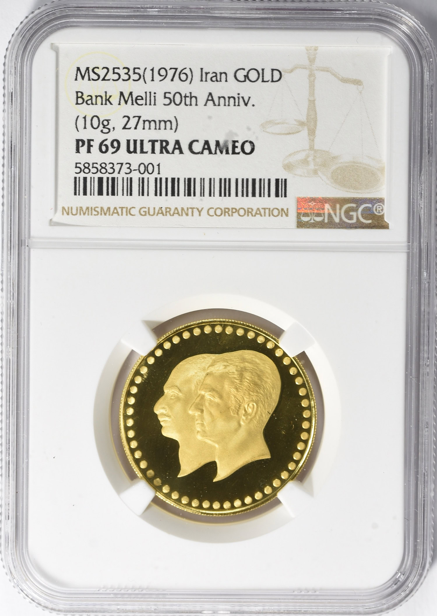 Iran MS2535 (1976) Gold 27mm Bank Melli 50th Anniversary Medal NGC