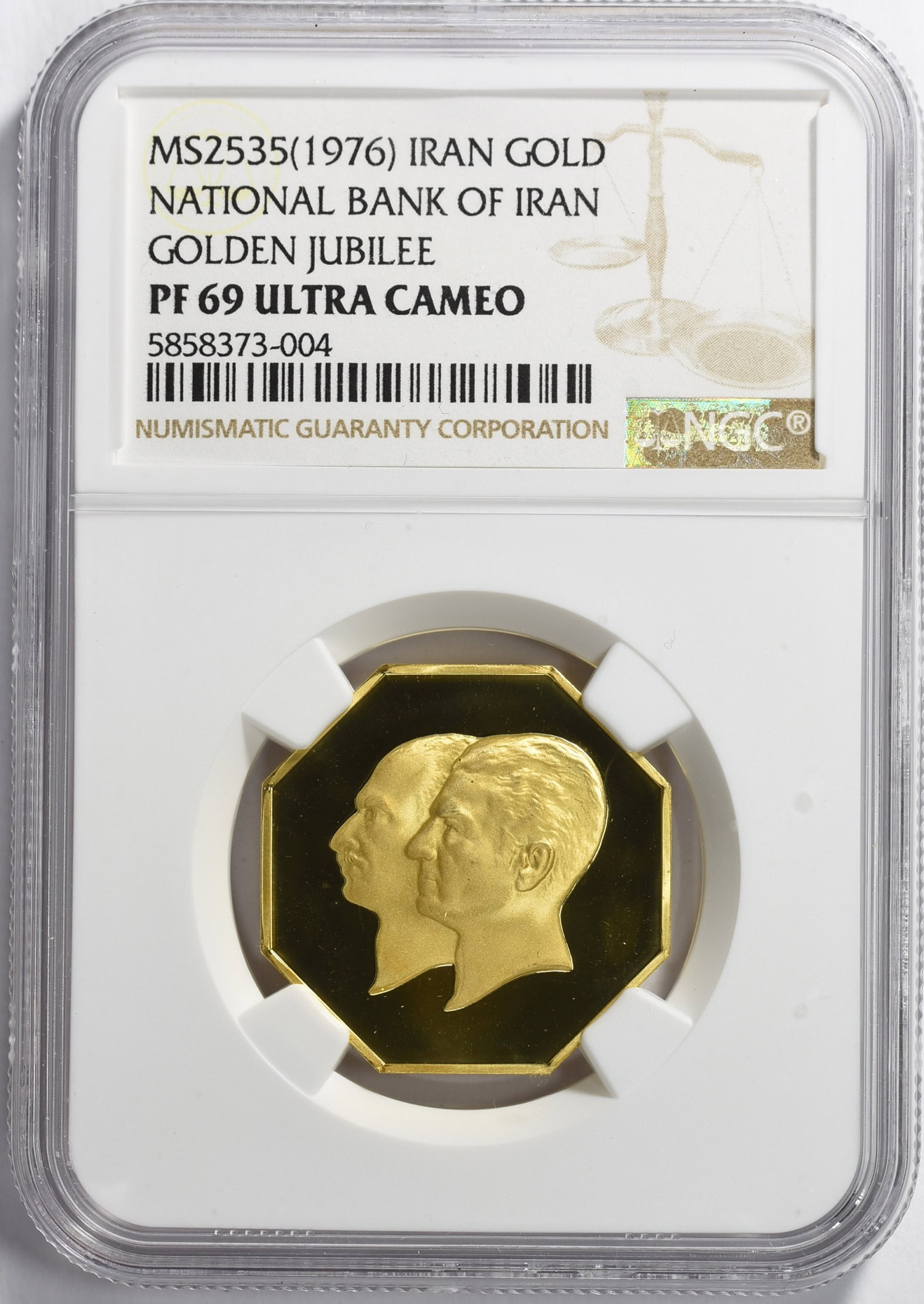 Iran MS2535 (1976) Gold 21mm Bank Melli 50th Anniversary Medal NGC