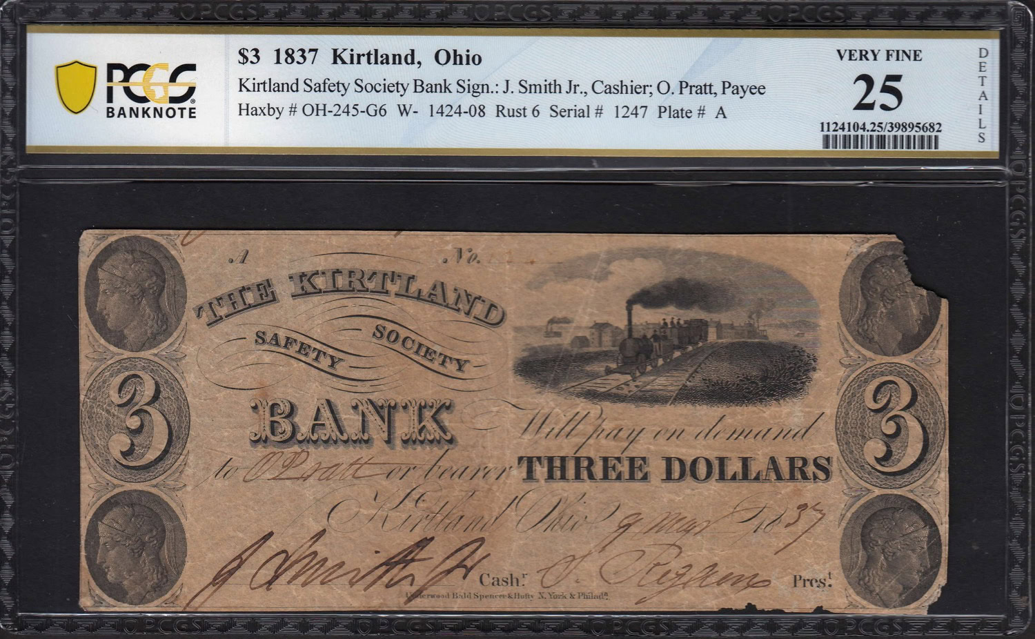 1837 Kirtland, Ohio Kirtland Safety Society Bank $3 Note Rust-6