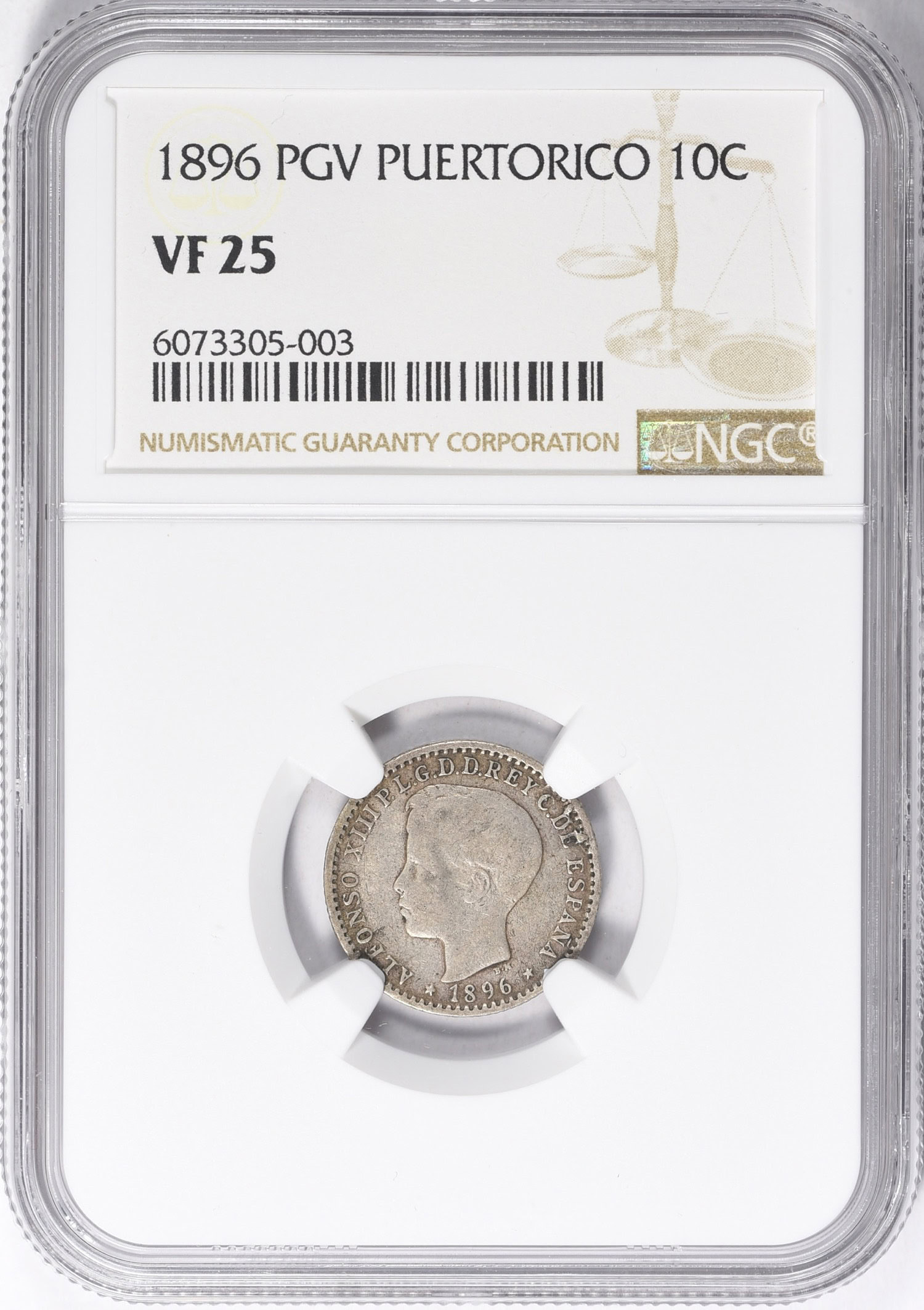 Puerto Rico 1896-PGV Silver 10 Centavos KM-21 NGC VF-25 | NGC Cert