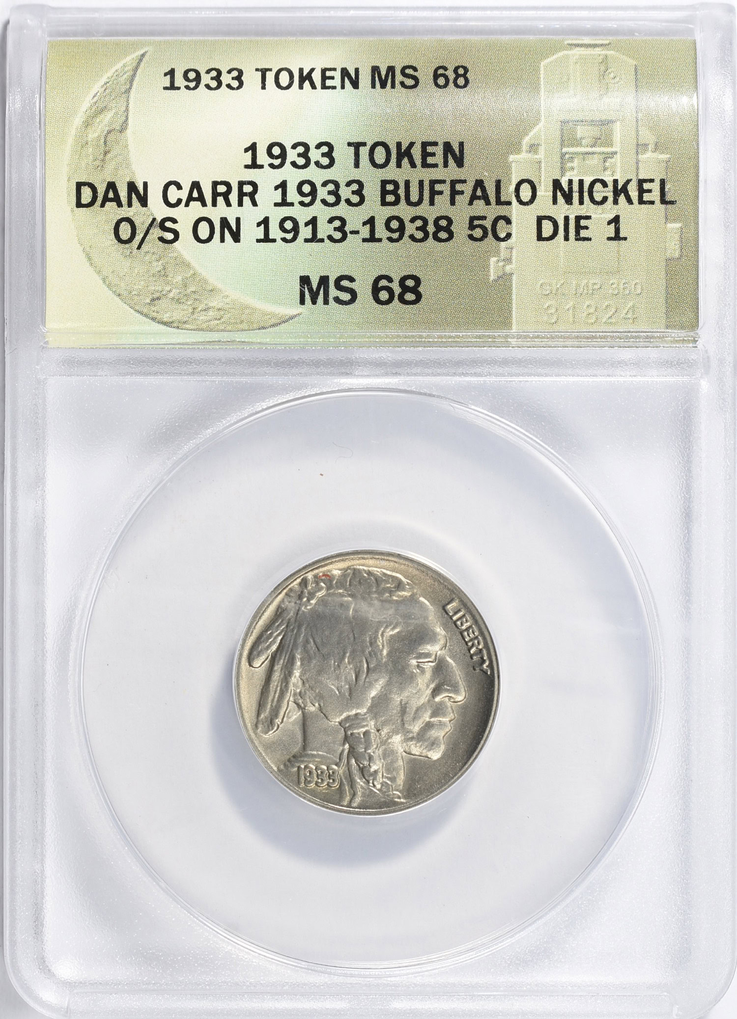 1933 Buffalo Nickel Daniel Carr Token Overstruck on 1913-1938