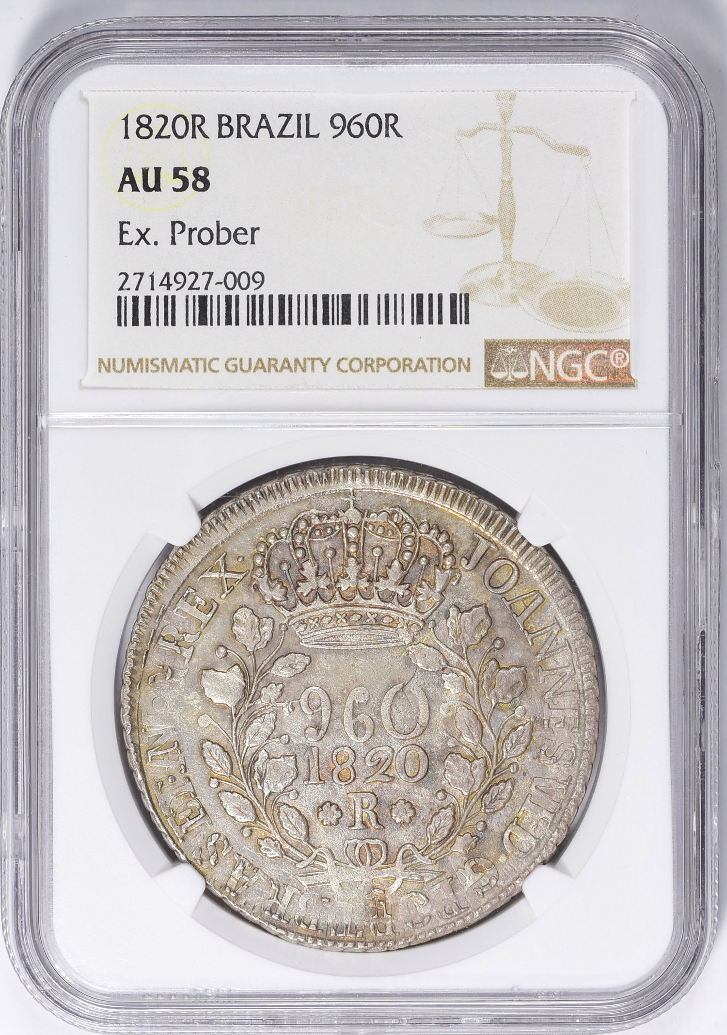 Brazil 1820-R Silver 960 Reis KM-326.1 NGC AU-58 (Ex: Prober