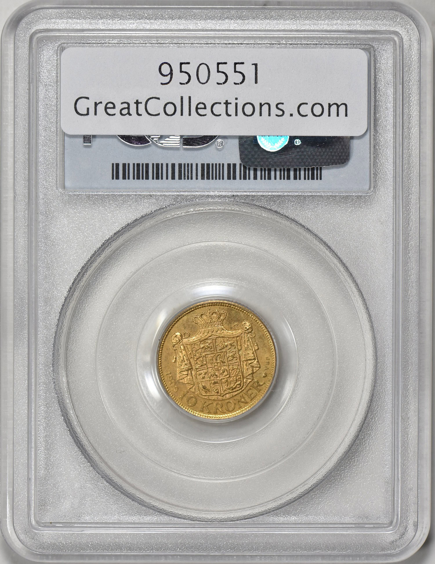 Denmark 1909-VBP GJ Gold 10 Kroner KM-809 PCGS MS-65 (AGW = 0.1296