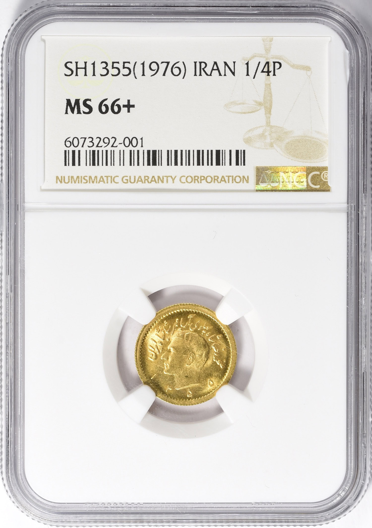 Iran SH 1355 (1976) Gold 1/4 Pahlavi KM-1198 NGC MS-66+ (AGW