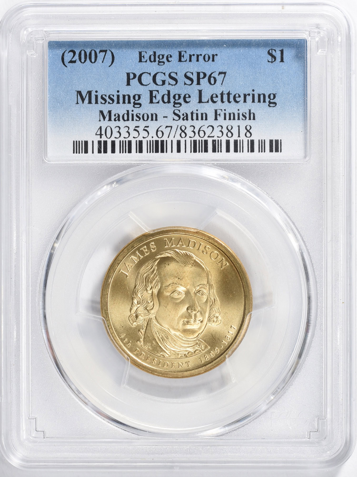 Mint Error (2007) Presidential Dollar James Madison - Satin Finish ...