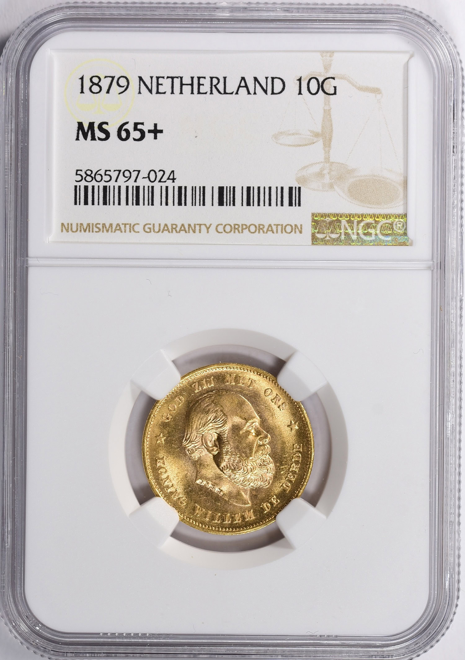 Netherlands 1879 Gold 10 Gulden KM-106 PCGS MS-65+ (AGW = 0.1947