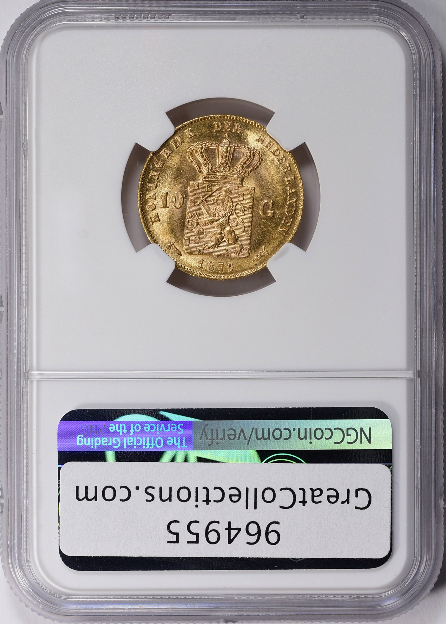 Netherlands 1879 Gold 10 Gulden KM-106 PCGS MS-65+ (AGW = 0.1947