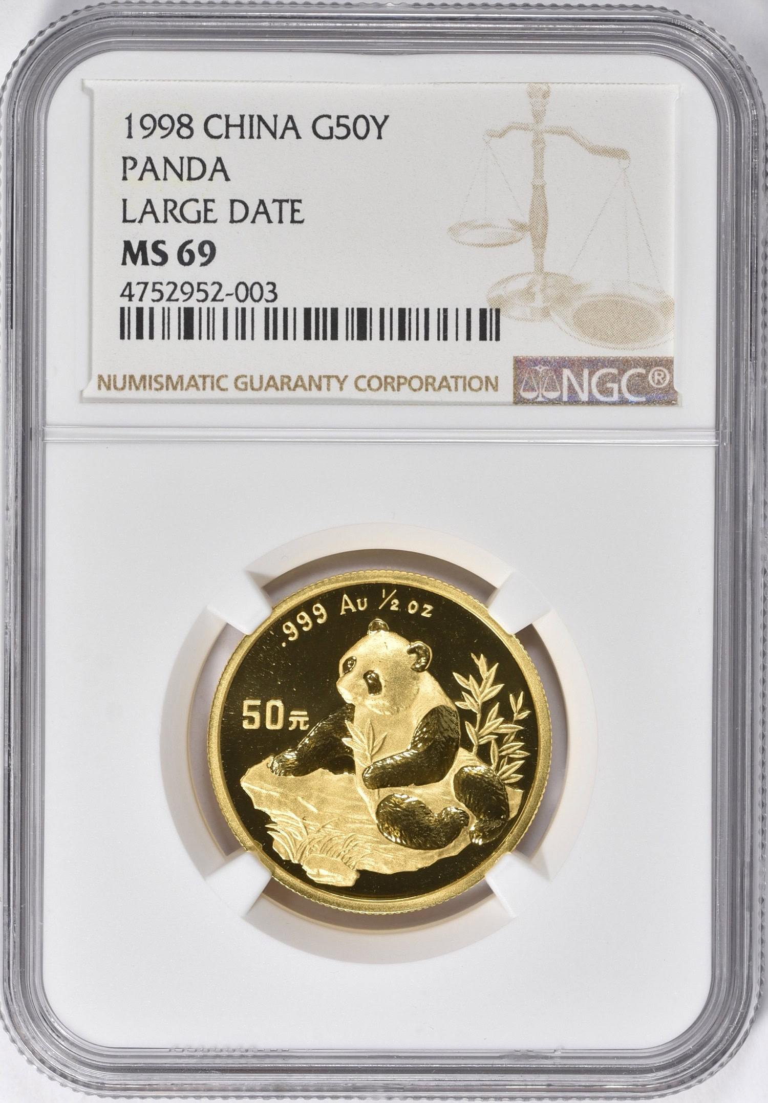 China 1998 Gold 50 Yuan Panda Large Date PAN-304B NGC MS-69 (AGW
