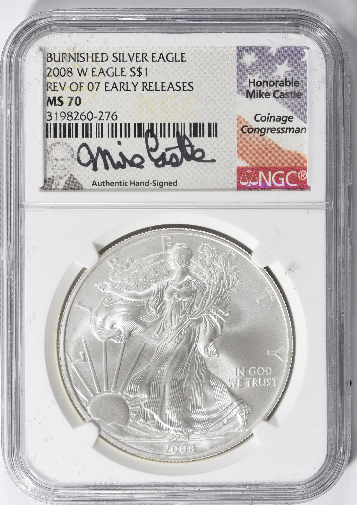 2008-W $1 Silver Eagle Reverse of 2007. Early Releases NGC MS-70