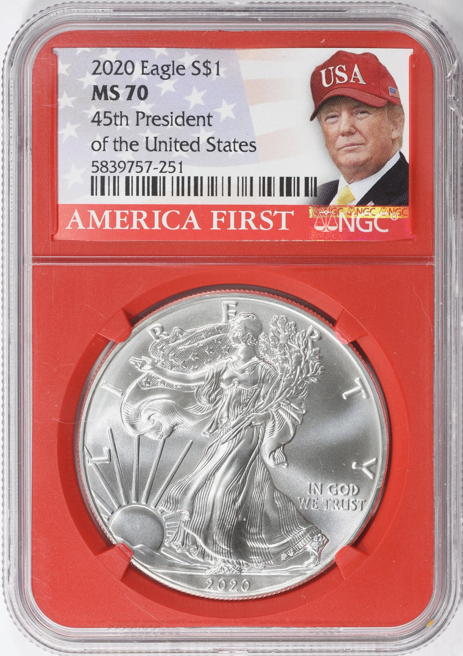 アメリカ2020年 イーグル1ドル銀貨　トランプラベル　　NGC：MS70 2020 $1 Silver Eagle NGC MS-70 (Donald Trump Label) (Red Holder